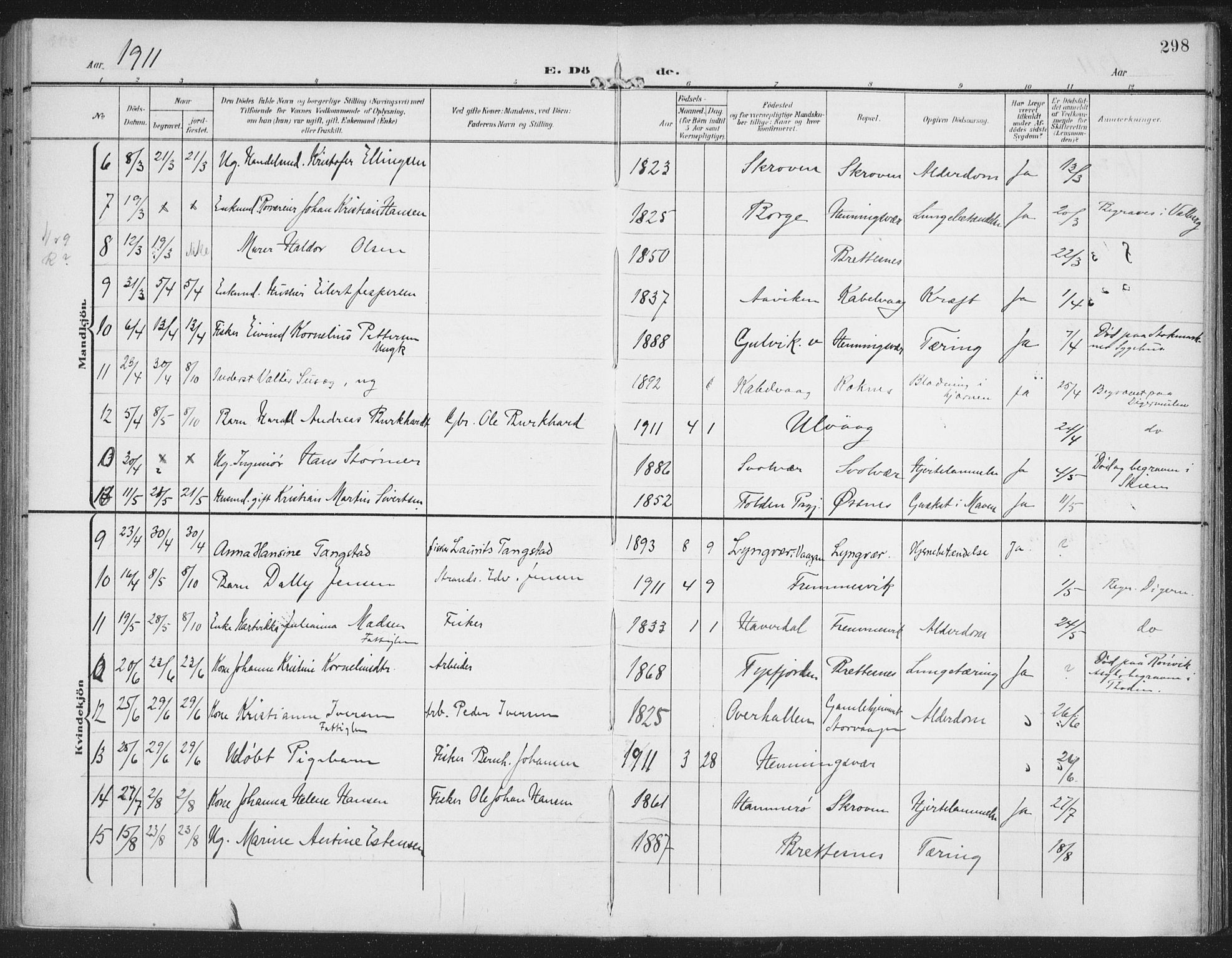 Ministerialprotokoller, klokkerbøker og fødselsregistre - Nordland, AV/SAT-A-1459/874/L1063: Parish register (official) no. 874A07, 1907-1915, p. 298