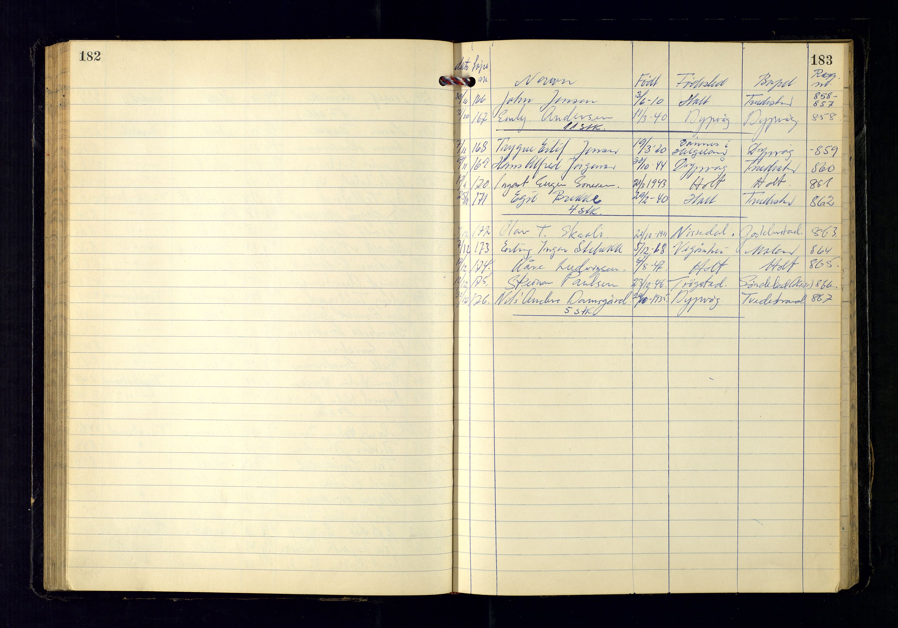 Tvedestrand politistasjon, AV/SAK-1243-0007/K/Ka/L0014/0002: Passprotokoller / Passprotokoll, 1951-1964, p. 182-183