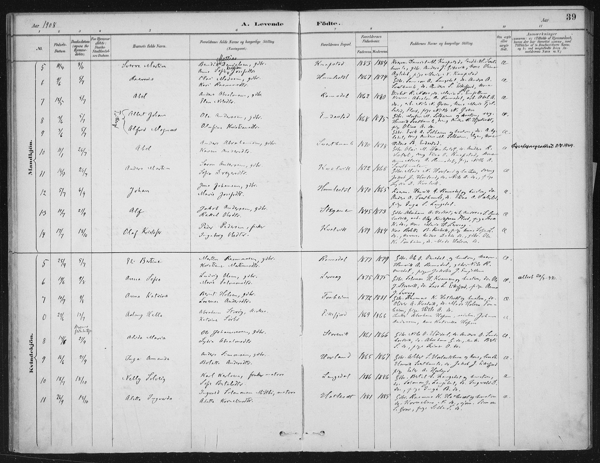 Kinn sokneprestembete, AV/SAB-A-80801/H/Haa/Haae/L0001: Parish register (official) no. E 1, 1890-1916, p. 39