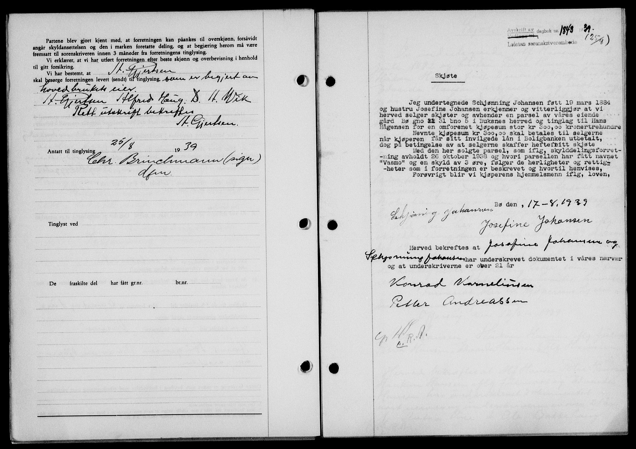 Lofoten sorenskriveri, SAT/A-0017/1/2/2C/L0006a: Mortgage book no. 6a, 1939-1939, Diary no: : 1843/1939
