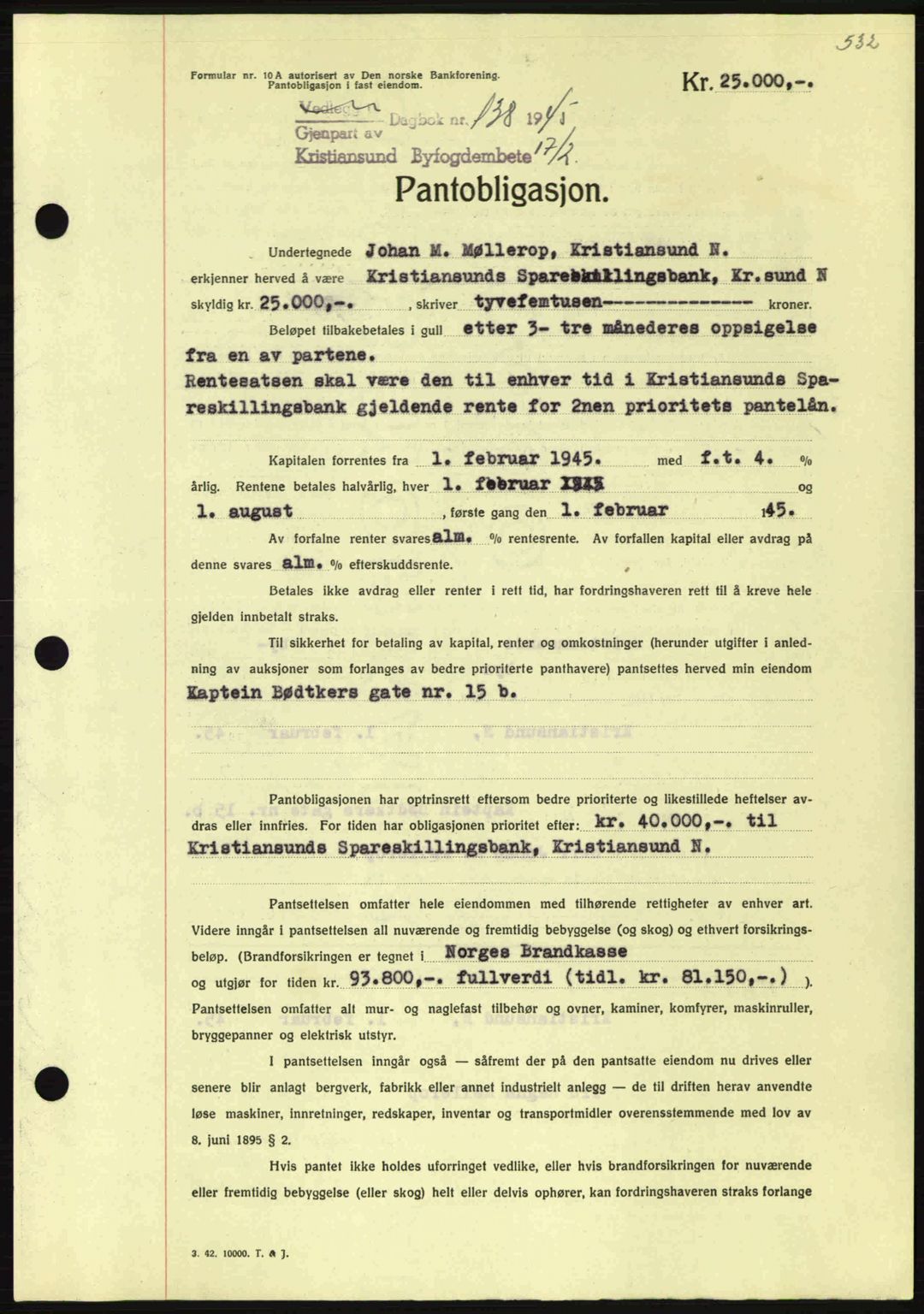 Kristiansund byfogd, SAT/A-4587/A/27: Mortgage book no. 37-38, 1943-1945, Diary no: : 138/1945