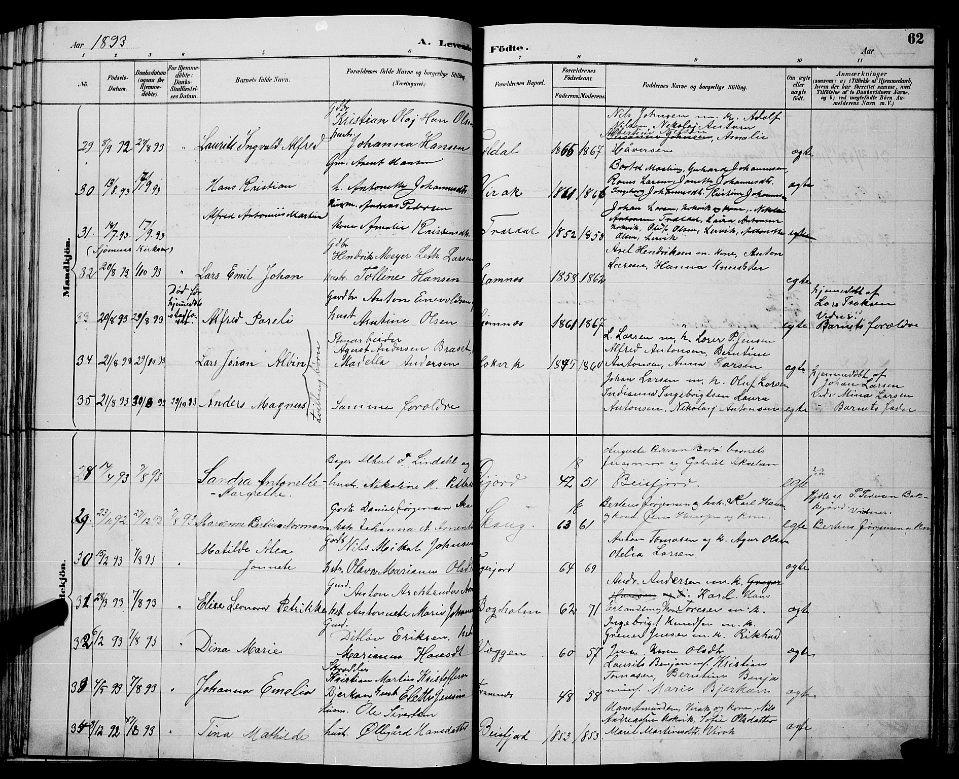 Ministerialprotokoller, klokkerbøker og fødselsregistre - Nordland, AV/SAT-A-1459/866/L0952: Parish register (copy) no. 866C01, 1886-1899, p. 62