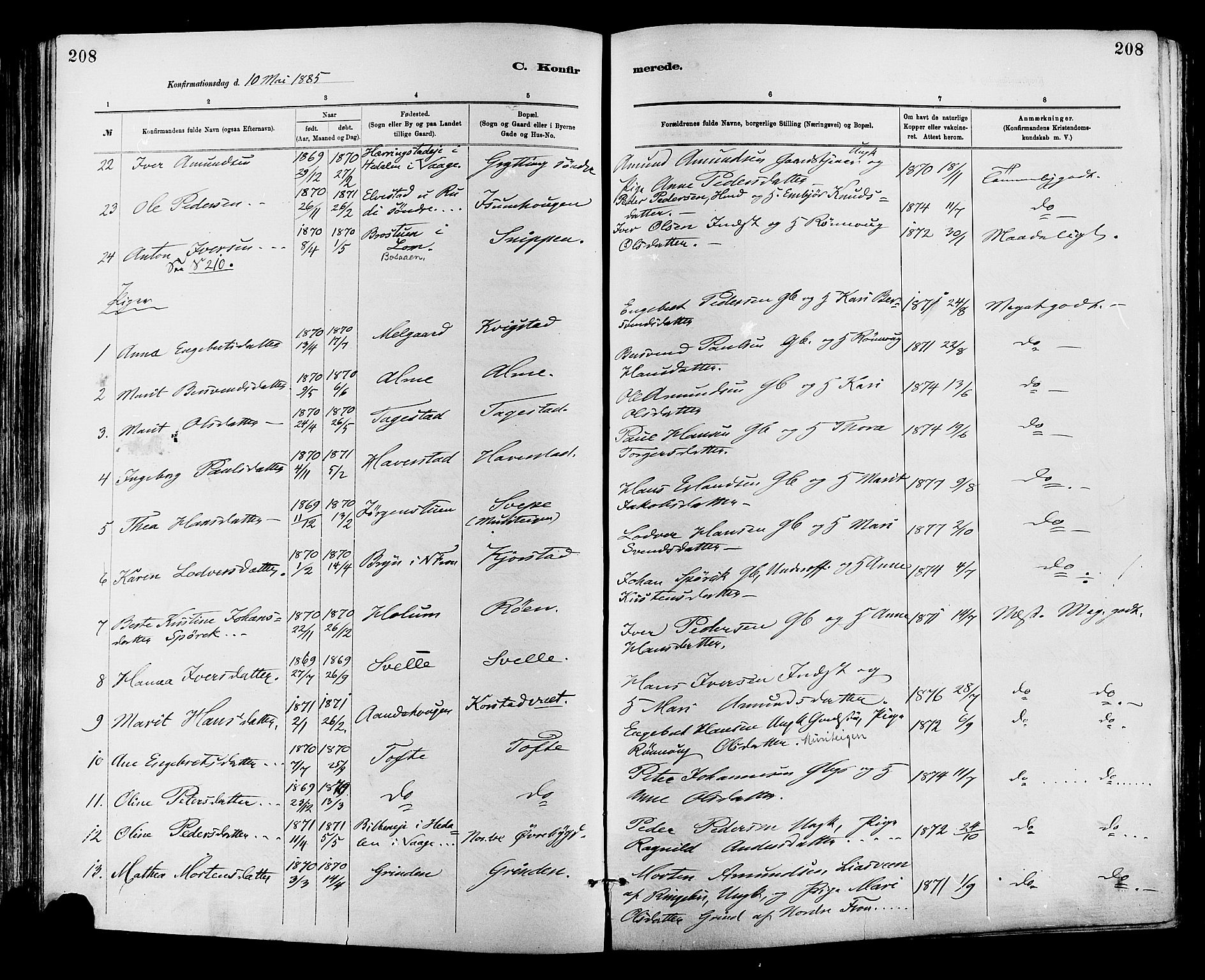 Sør-Fron prestekontor, AV/SAH-PREST-010/H/Ha/Haa/L0003: Parish register (official) no. 3, 1881-1897, p. 208