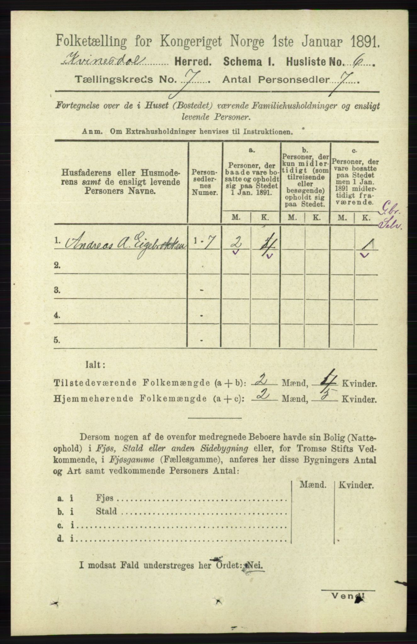 RA, 1891 census for 1037 Kvinesdal, 1891, p. 2381