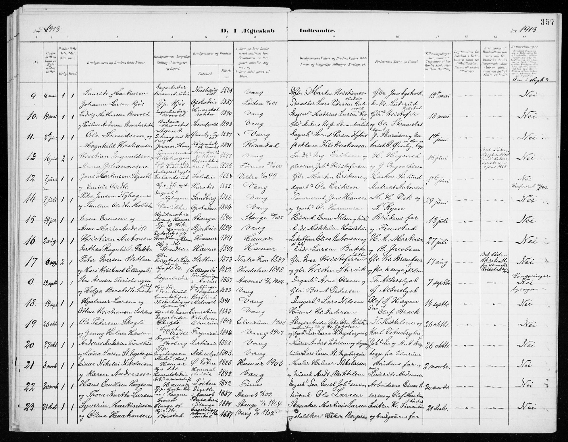 Vang prestekontor, Hedmark, AV/SAH-PREST-008/H/Ha/Haa/L0021: Parish register (official) no. 21, 1902-1917, p. 357