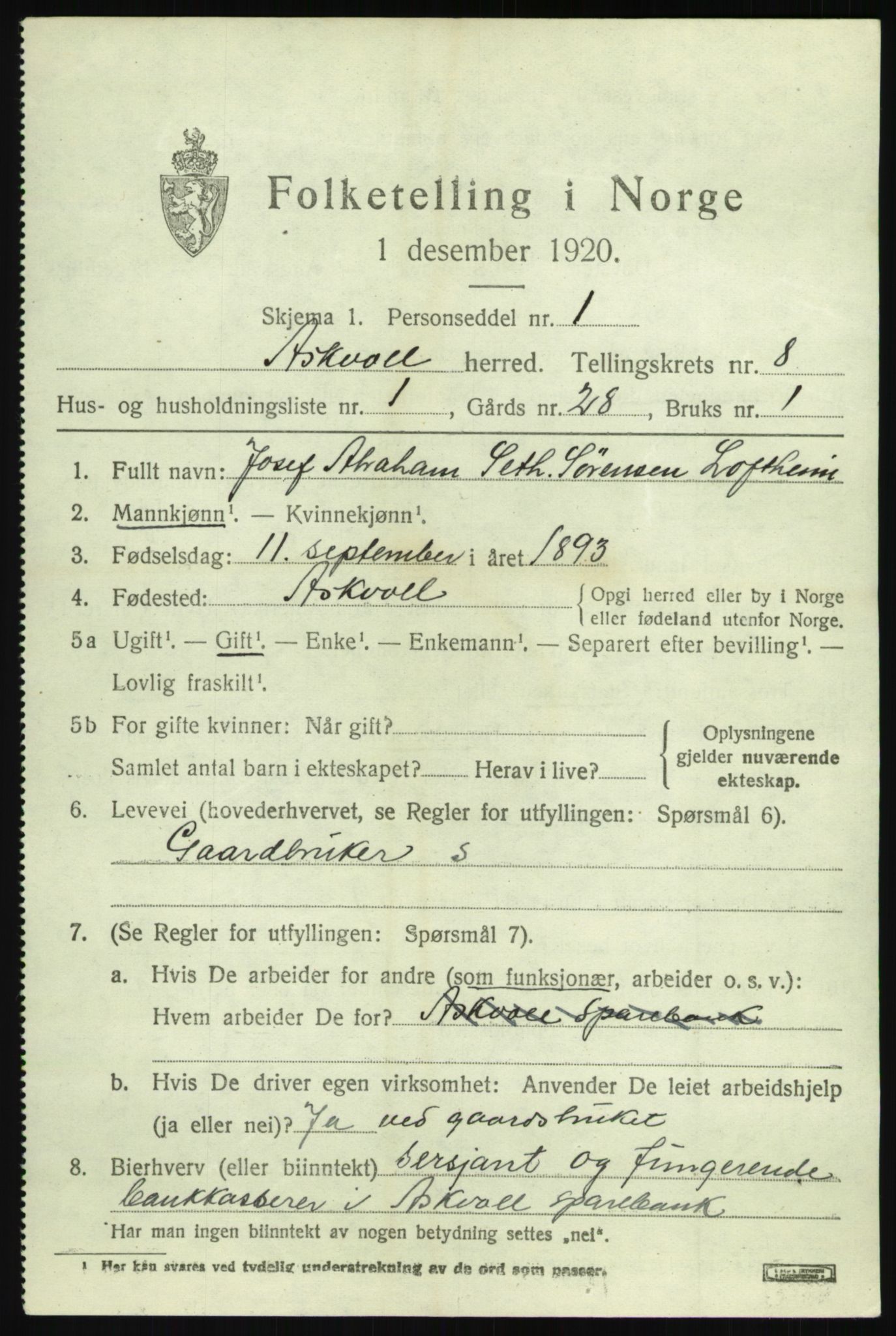 SAB, 1920 census for Askvoll, 1920, p. 3582