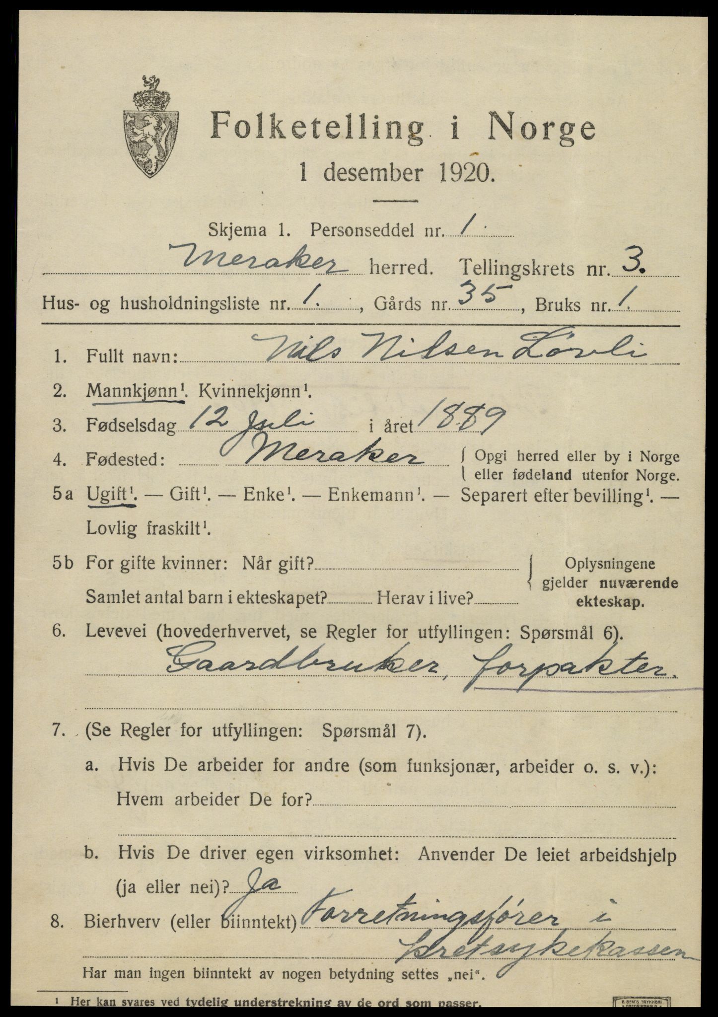 SAT, 1920 census for Meråker, 1920, p. 3094