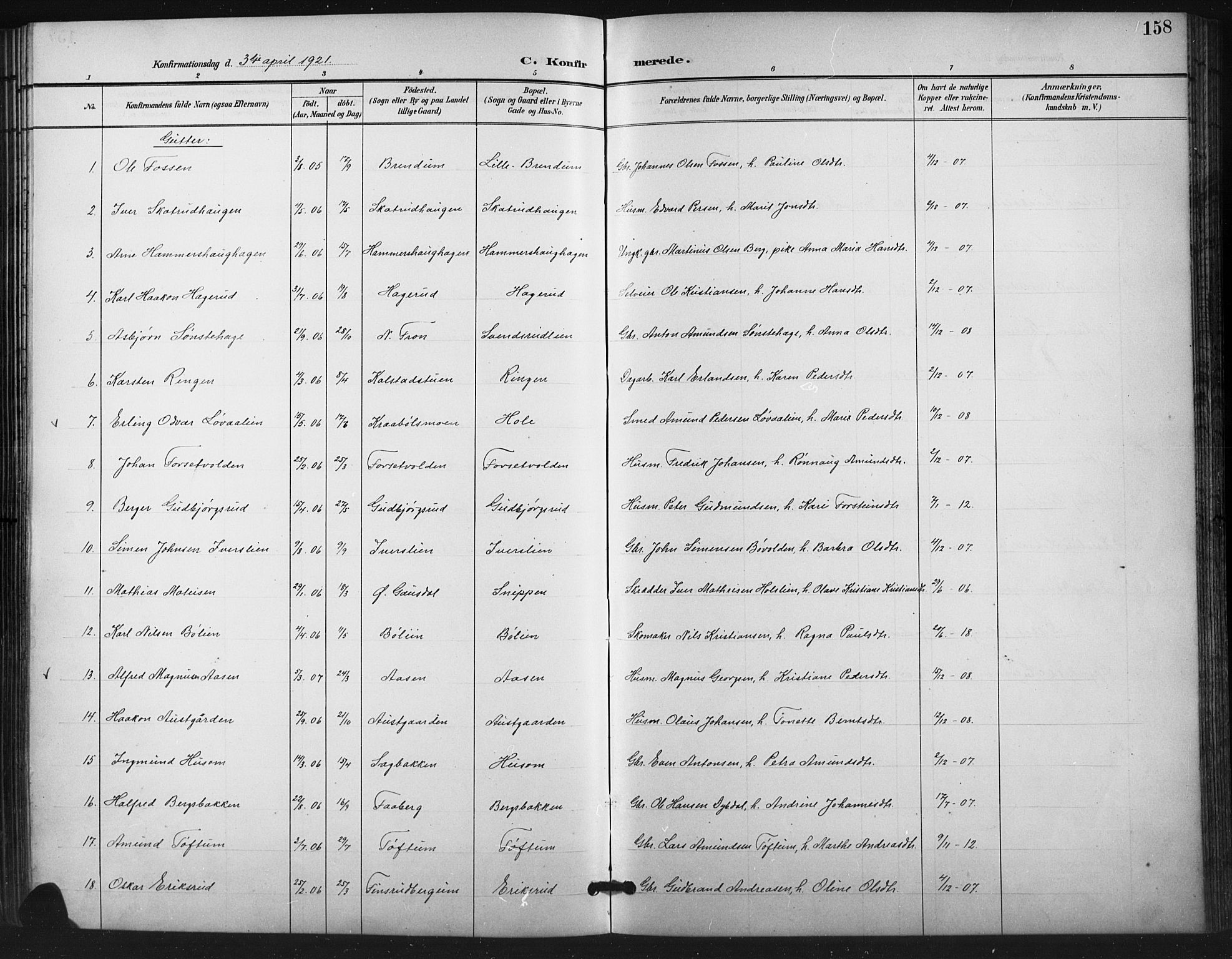 Vestre Gausdal prestekontor, SAH/PREST-094/H/Ha/Hab/L0003: Parish register (copy) no. 3, 1896-1925, p. 158