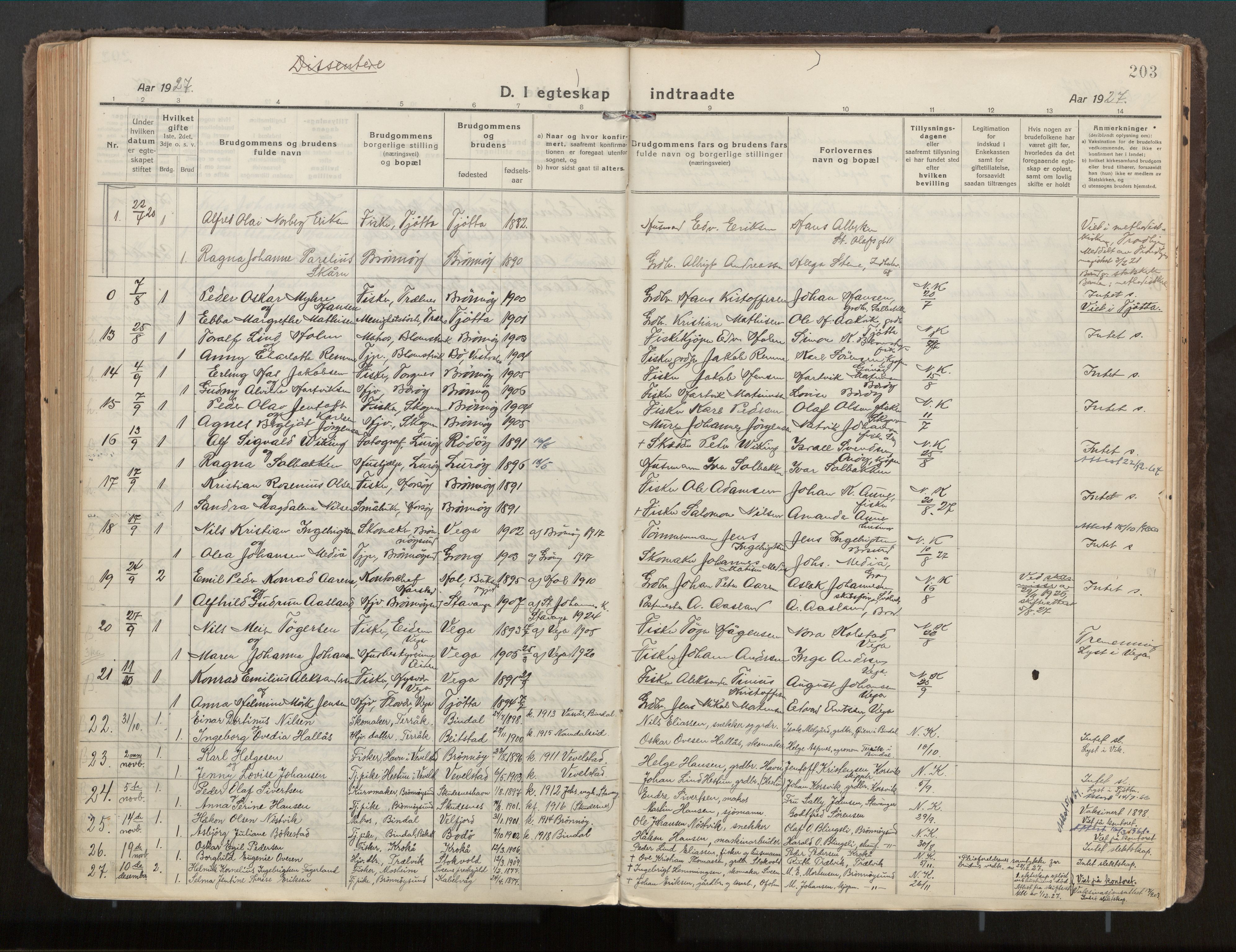 Ministerialprotokoller, klokkerbøker og fødselsregistre - Nordland, SAT/A-1459/813/L0207a: Parish register (official) no. 813A18, 1919-1927, p. 203