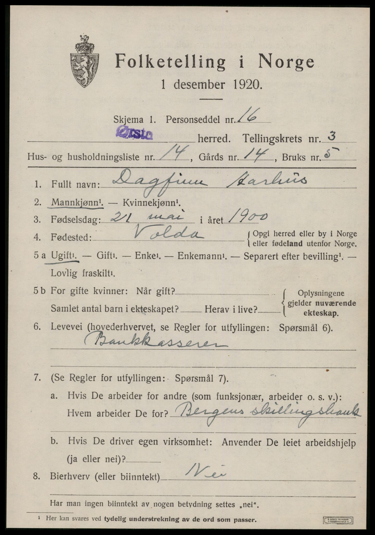 SAT, 1920 census for Ørsta, 1920, p. 2750