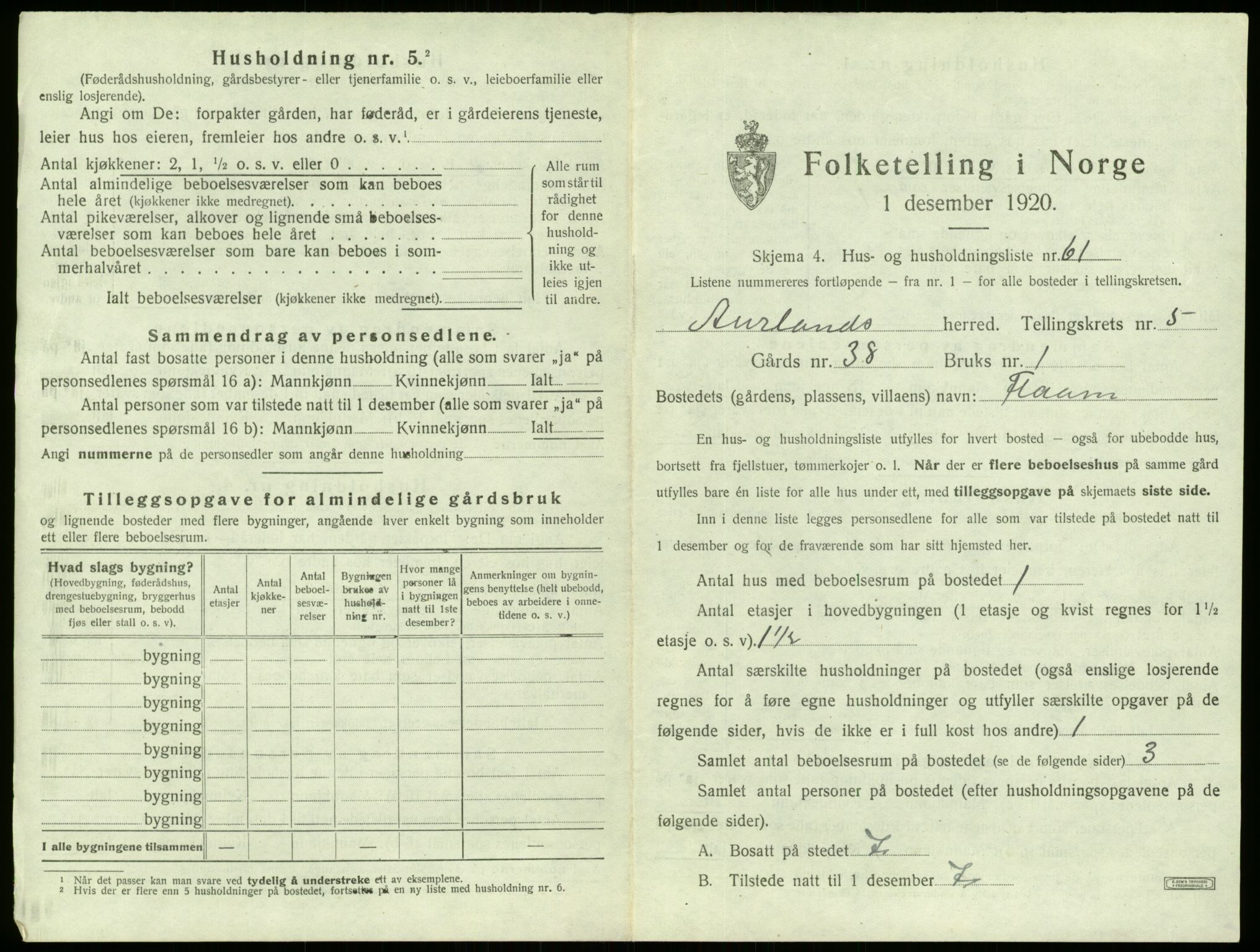 SAB, 1920 census for Aurland, 1920, p. 523