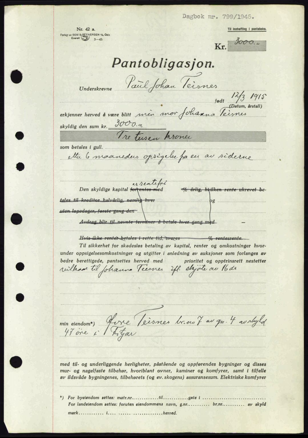 Sunnhordland sorenskrivar, SAB/A-2401: Mortgage book no. Ba, 1937-1945, Diary no: : 799/1945