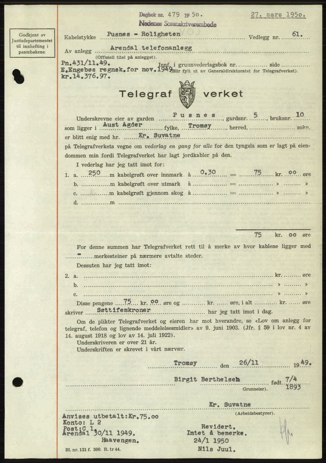 Nedenes sorenskriveri, SAK/1221-0006/G/Gb/Gba/L0062: Mortgage book no. A14, 1949-1950, Diary no: : 479/1950