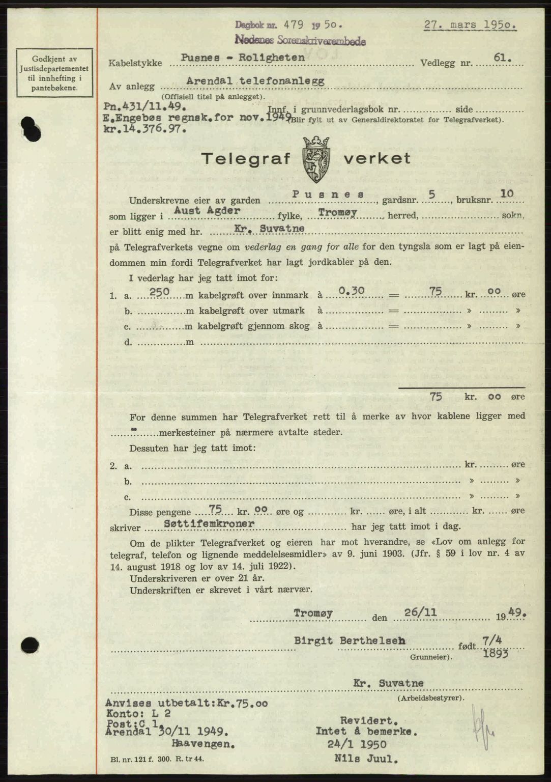 Nedenes sorenskriveri, AV/SAK-1221-0006/G/Gb/Gba/L0062: Mortgage book no. A14, 1949-1950, Diary no: : 479/1950