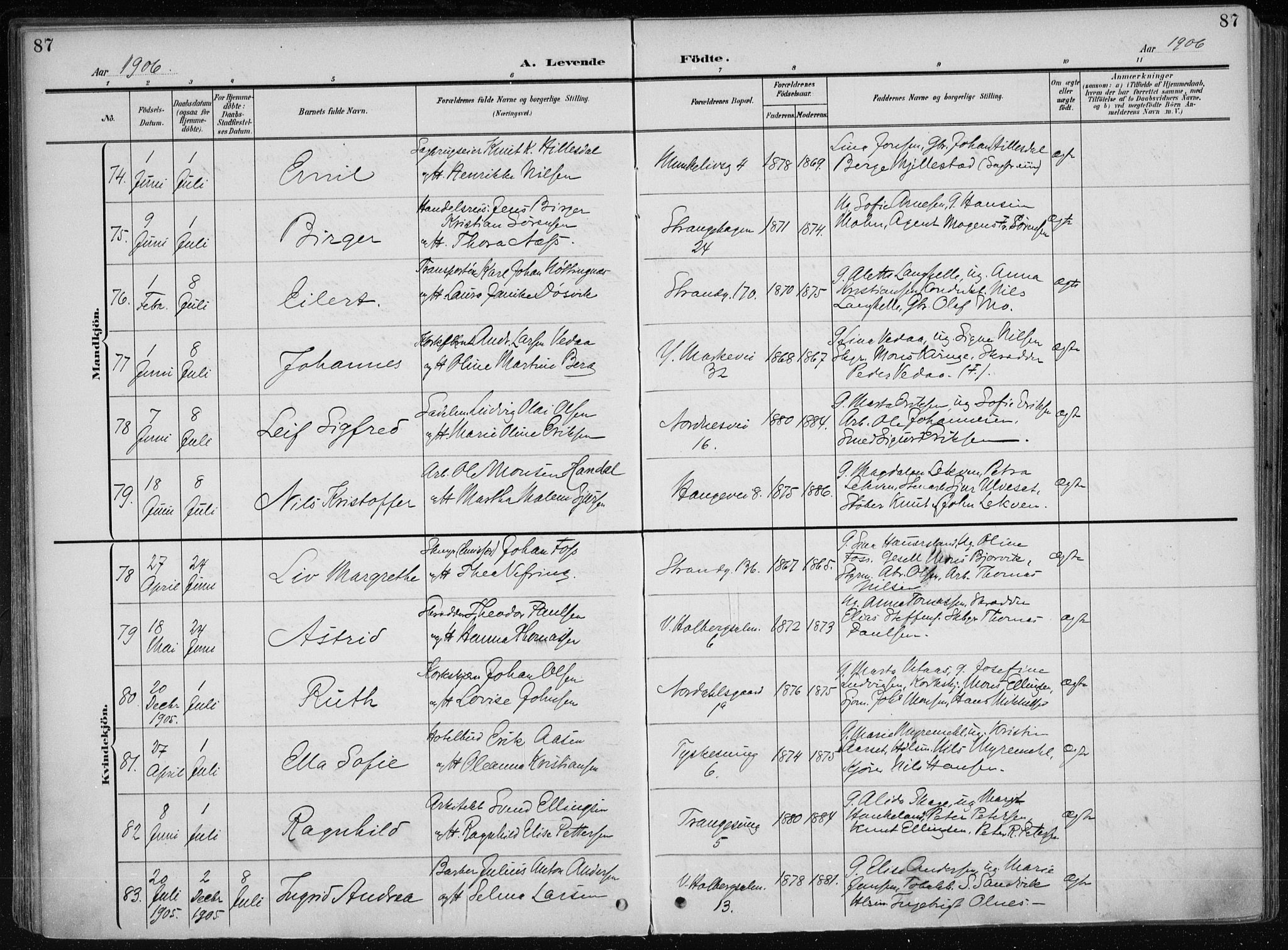 Nykirken Sokneprestembete, AV/SAB-A-77101/H/Haa/L0019: Parish register (official) no. B 7, 1904-1916, p. 87