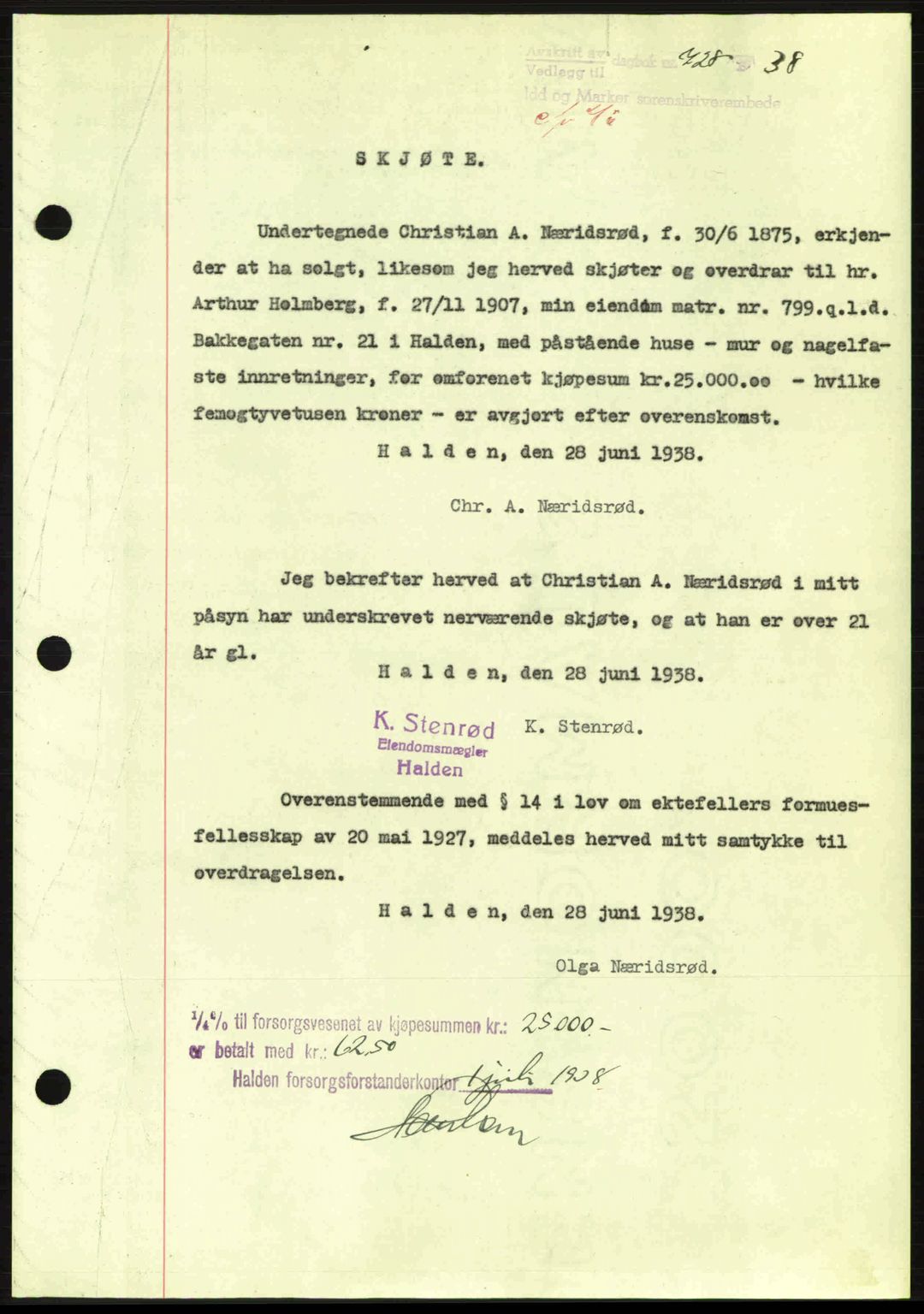 Idd og Marker sorenskriveri, AV/SAO-A-10283/G/Gb/Gbb/L0002: Mortgage book no. A2, 1937-1938, Diary no: : 728/1938