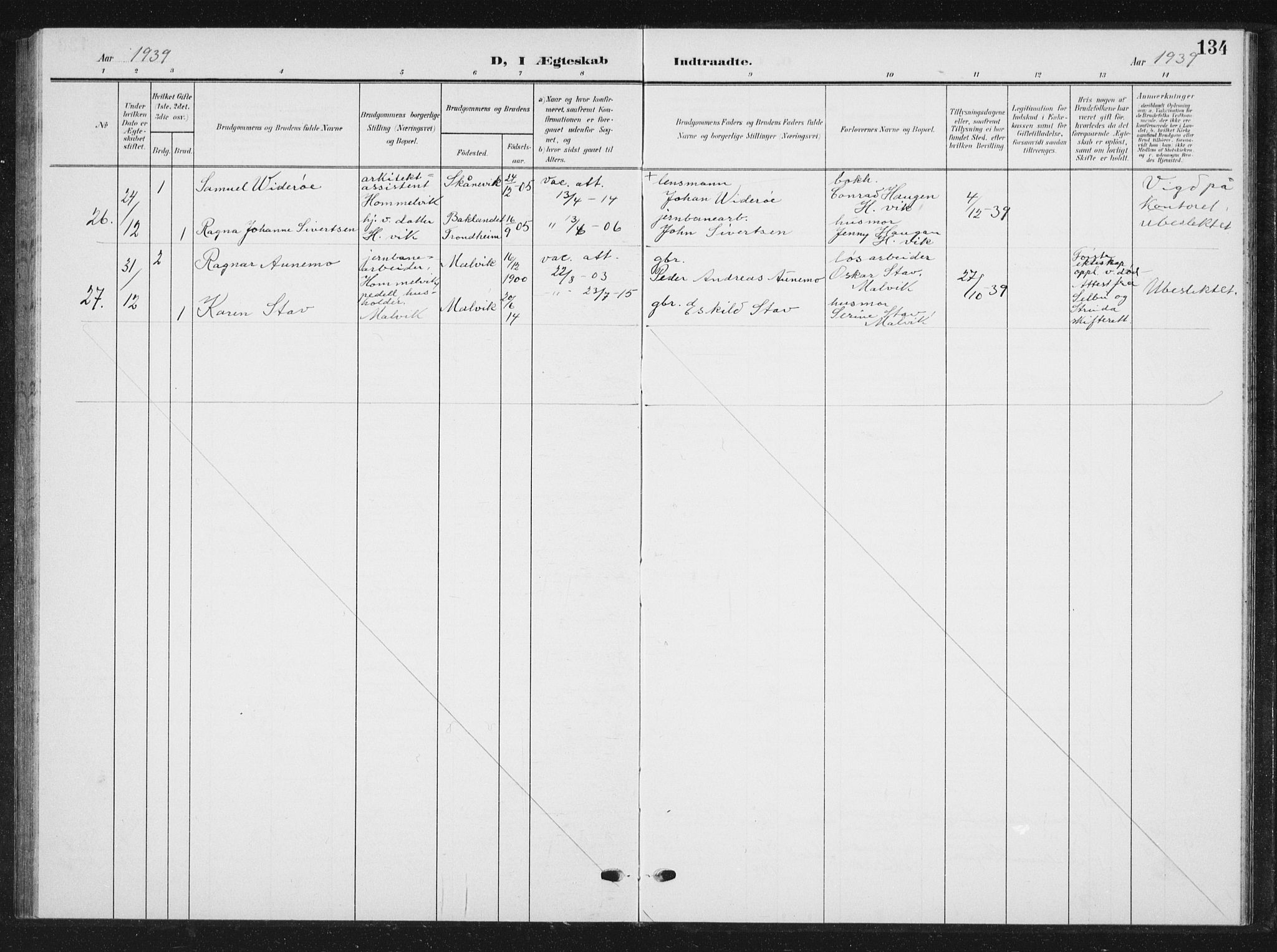 Ministerialprotokoller, klokkerbøker og fødselsregistre - Sør-Trøndelag, SAT/A-1456/616/L0424: Parish register (copy) no. 616C07, 1904-1940, p. 134