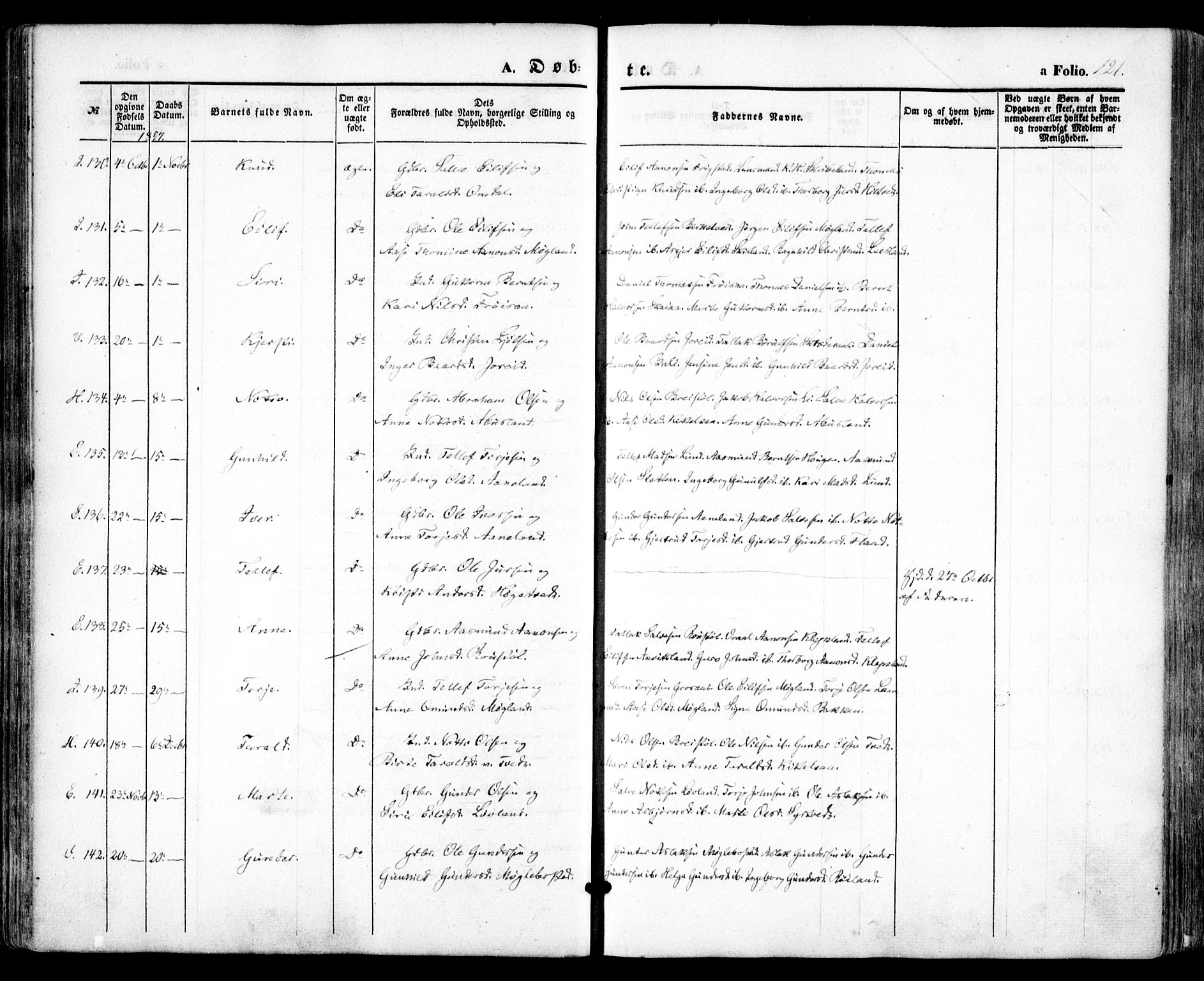 Evje sokneprestkontor, AV/SAK-1111-0008/F/Fa/Faa/L0005: Parish register (official) no. A 5, 1843-1865, p. 121