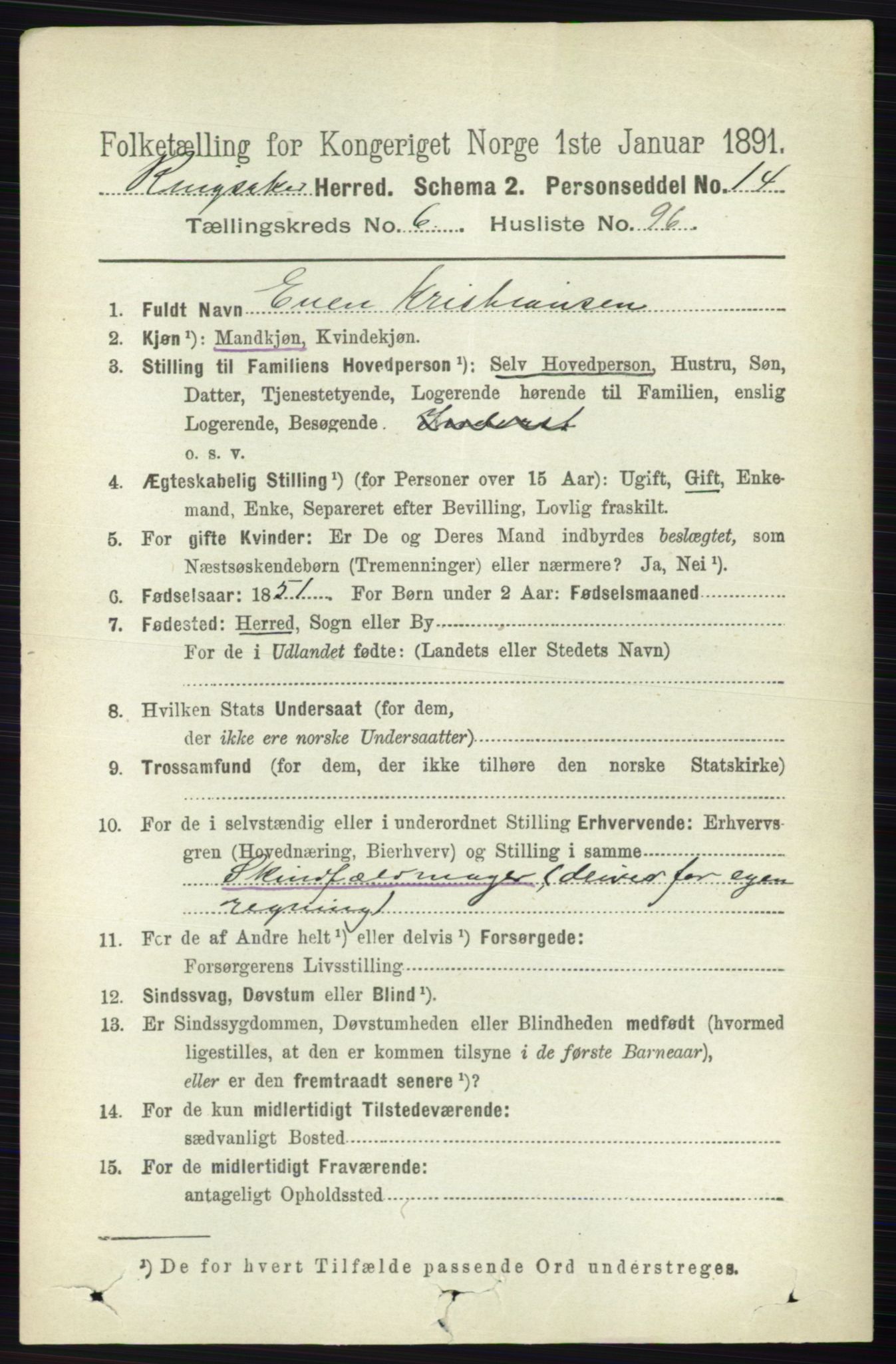 RA, 1891 census for 0412 Ringsaker, 1891, p. 3787