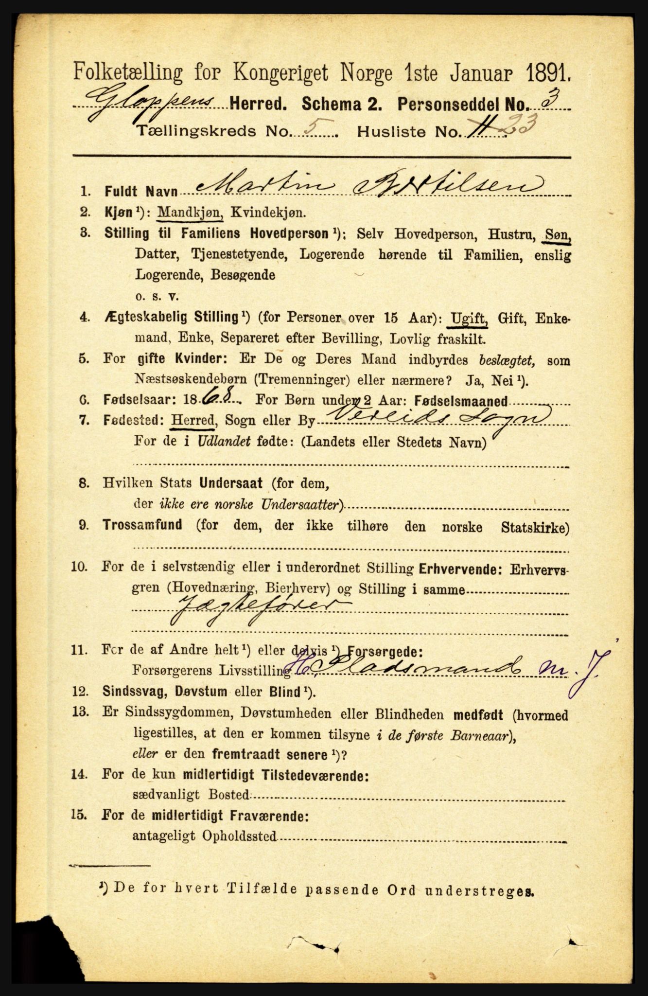 RA, 1891 census for 1445 Gloppen, 1891, p. 2208