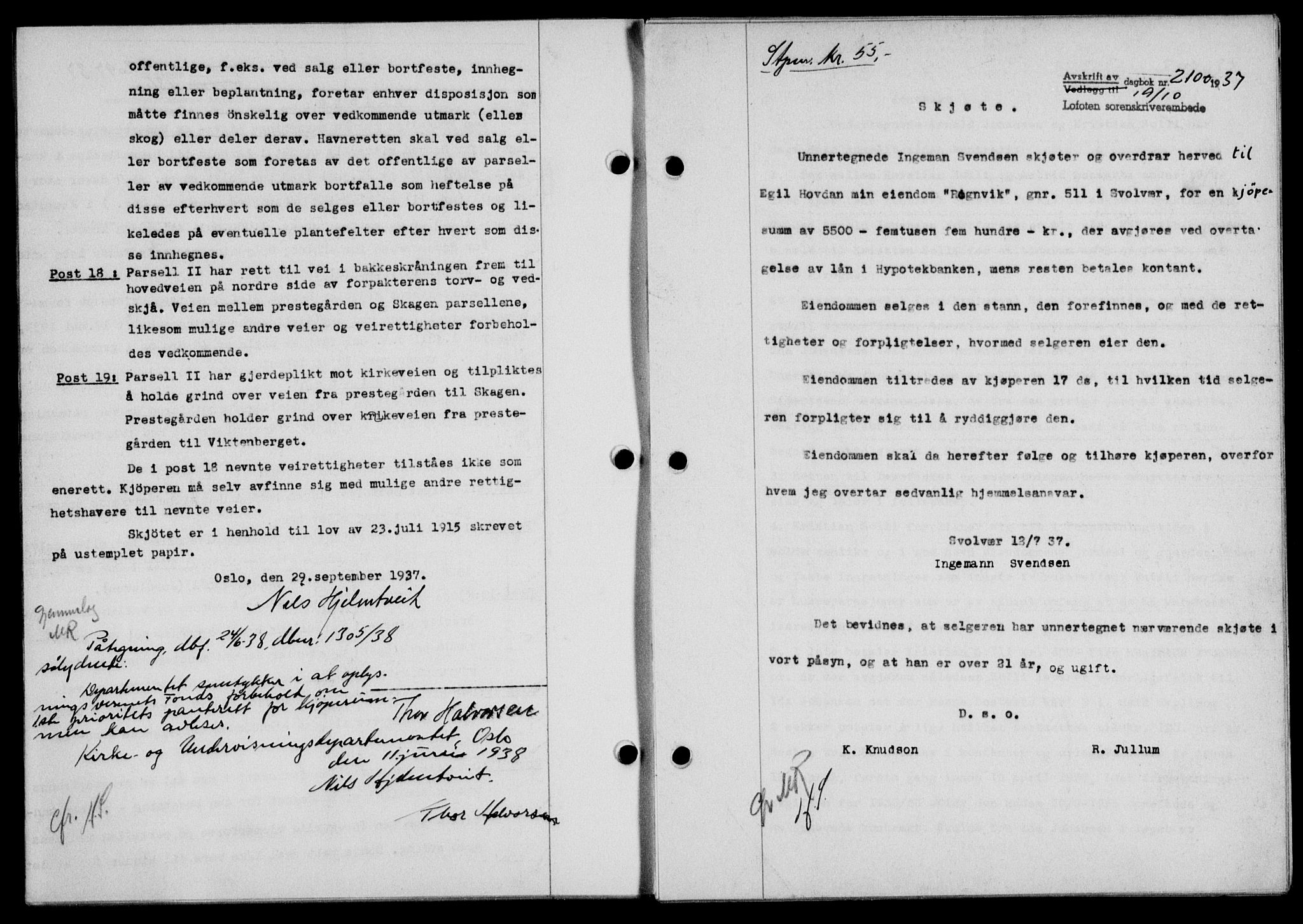 Lofoten sorenskriveri, SAT/A-0017/1/2/2C/L0003a: Mortgage book no. 3a, 1937-1938, Diary no: : 2100/1937