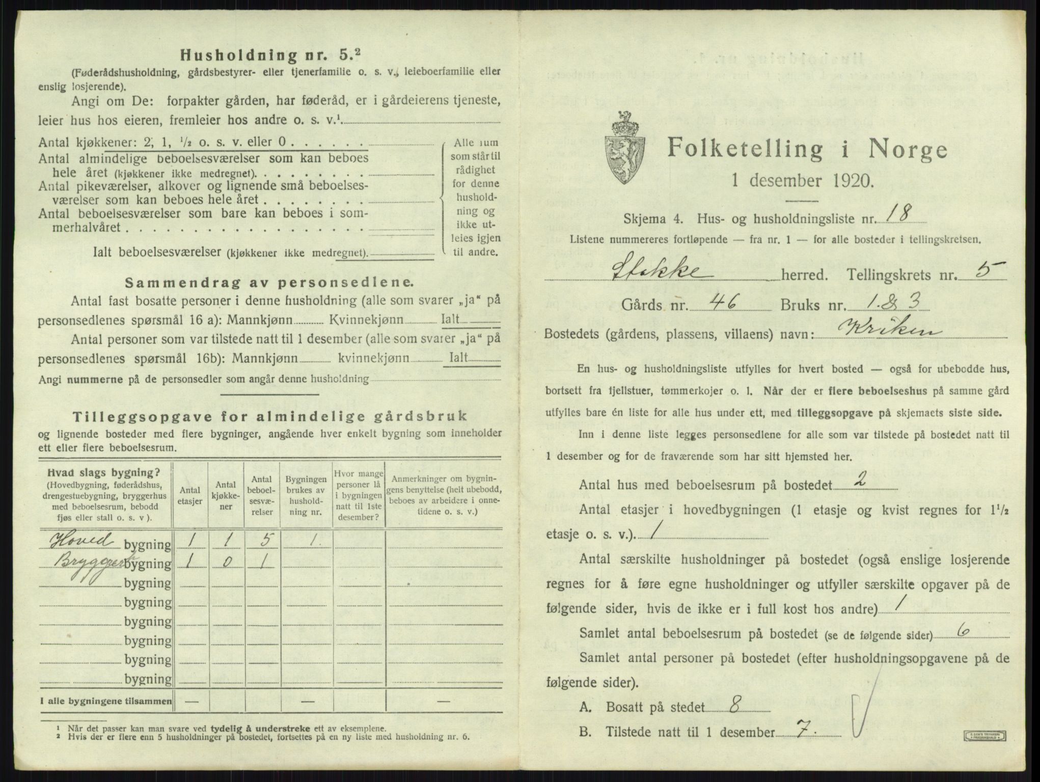 SAKO, 1920 census for Stokke, 1920, p. 1017