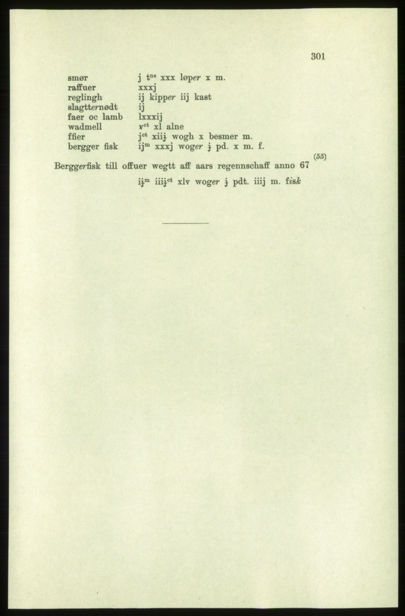 Publikasjoner utgitt av Arkivverket, PUBL/PUBL-001/C/0005: Bind 5: Rekneskap for Bergenhus len 1566-1567: B. Utgift C. Dei nordlandske lena og Finnmark D. Ekstrakt, 1566-1567, p. 301