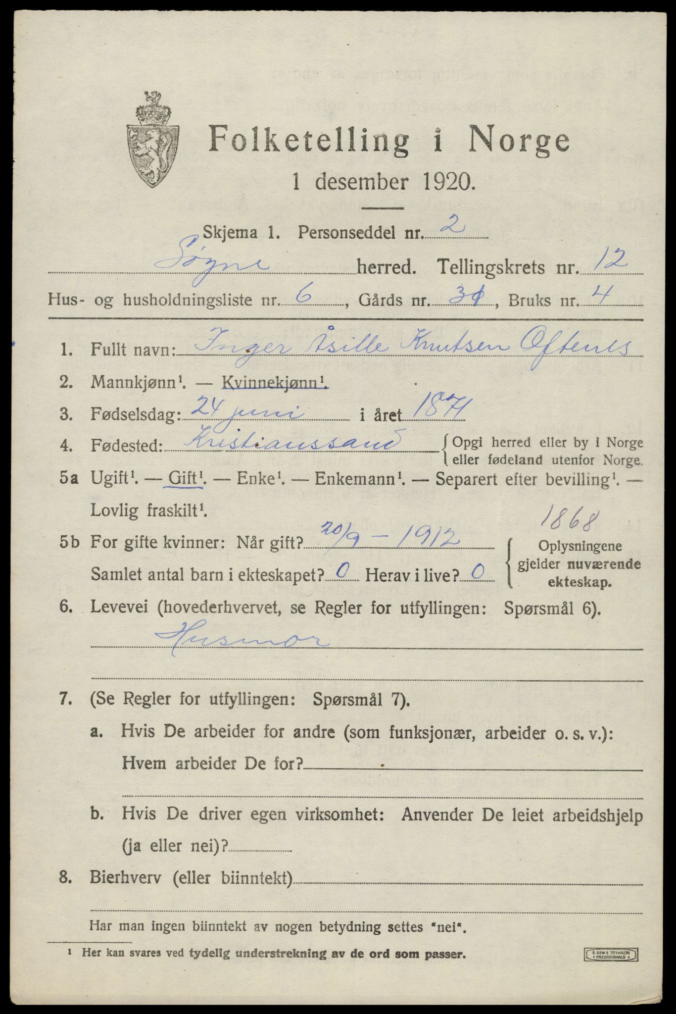 SAK, 1920 census for Søgne, 1920, p. 5993