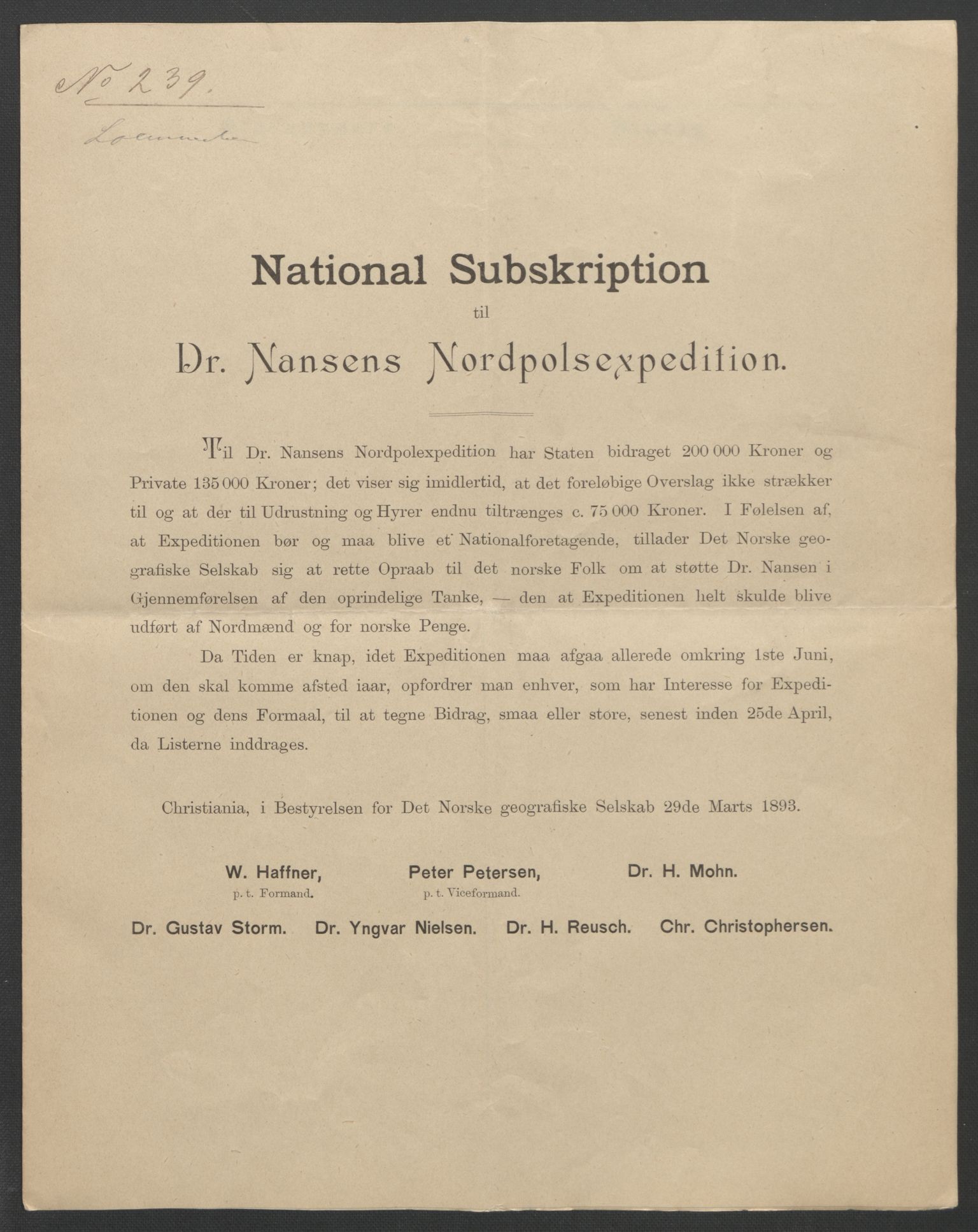 Arbeidskomitéen for Fridtjof Nansens polarekspedisjon, AV/RA-PA-0061/D/L0001/0004: Pengeinnsamlingen / Bidragslister med følgebrev, 1893, p. 20