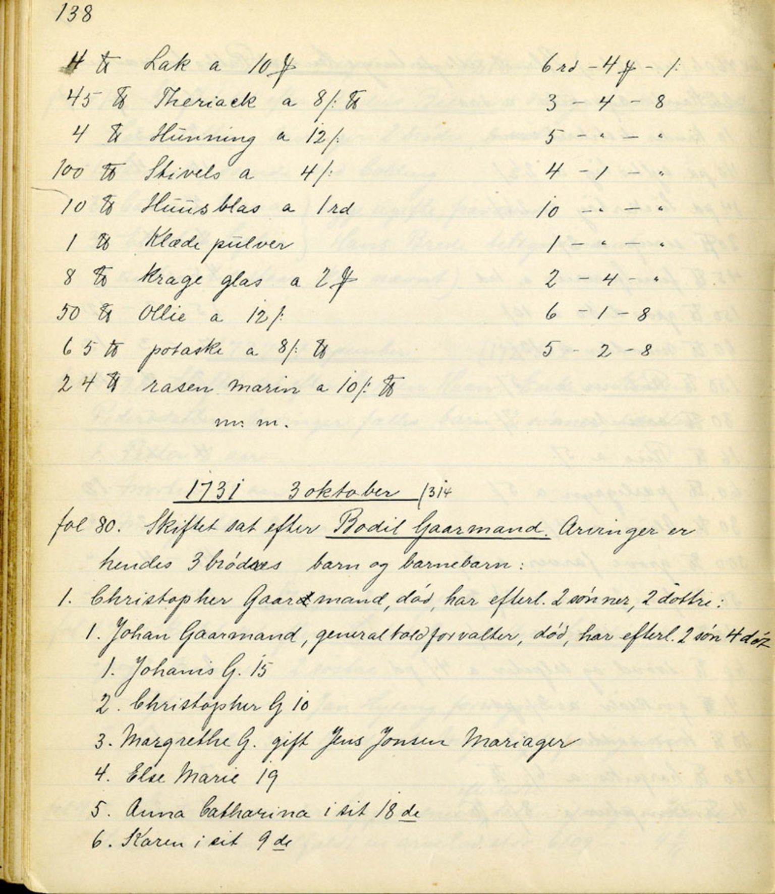 Sollied, Olaf og Thora - samlinger, AV/SAB-SAB/DA-0401/01/L0010/0001: Skifte: Utdrag av skifteprotokoller / 92 Skifteprotokoller: utdrag, 1731-1740, p. 138