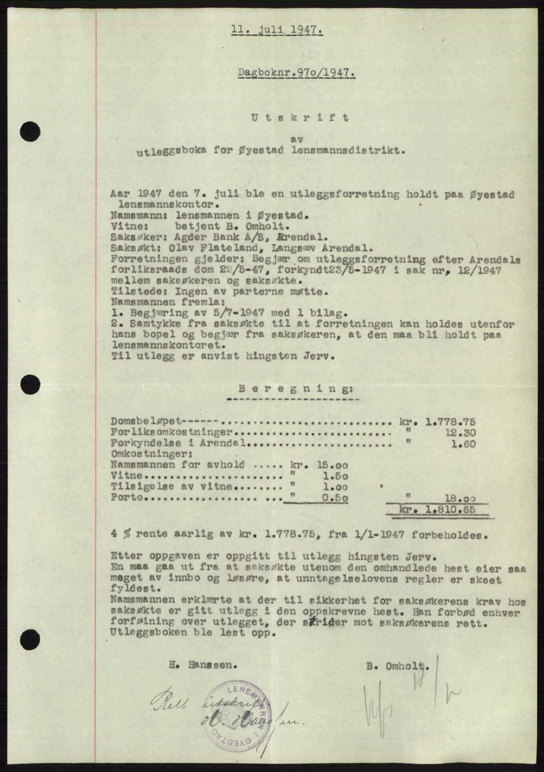 Nedenes sorenskriveri, SAK/1221-0006/G/Gb/Gba/L0057: Mortgage book no. A9, 1947-1947, Diary no: : 970/1947