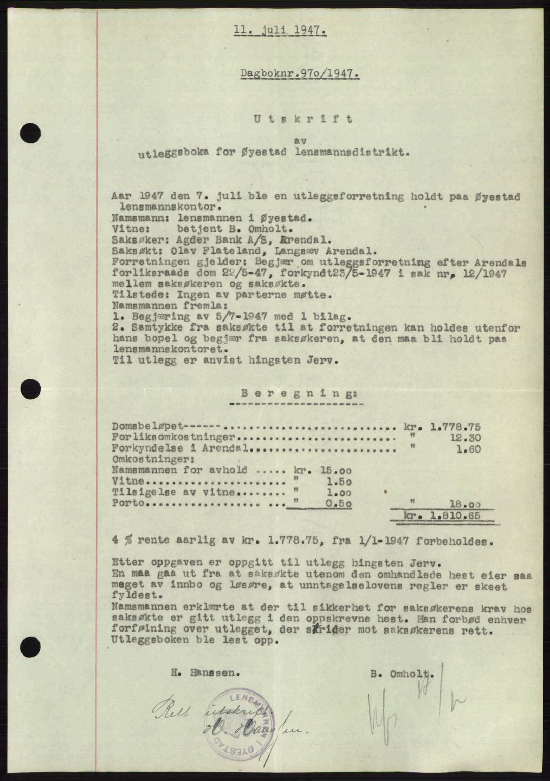 Nedenes sorenskriveri, AV/SAK-1221-0006/G/Gb/Gba/L0057: Mortgage book no. A9, 1947-1947, Diary no: : 970/1947