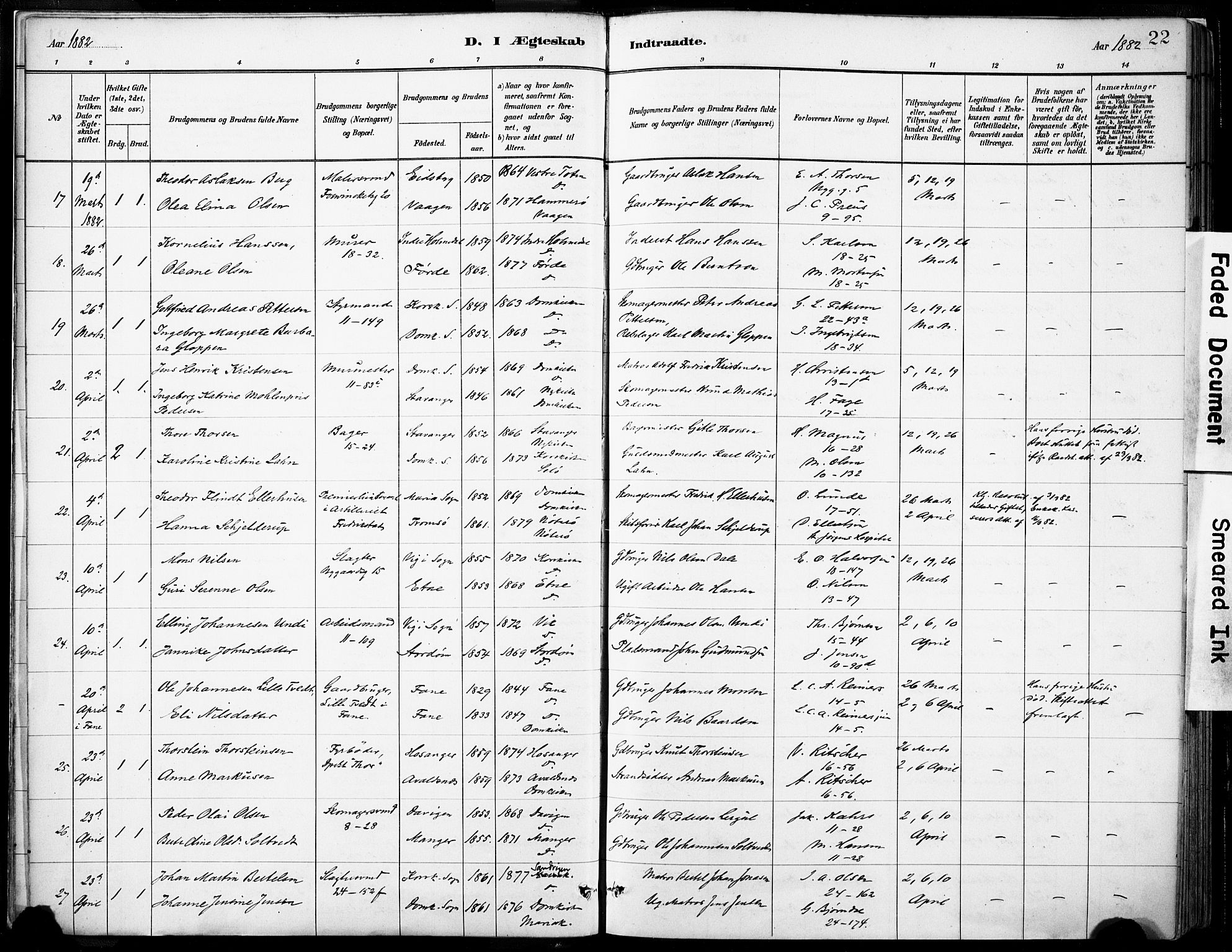 Domkirken sokneprestembete, SAB/A-74801/H/Haa/L0037: Parish register (official) no. D 4, 1880-1907, p. 22