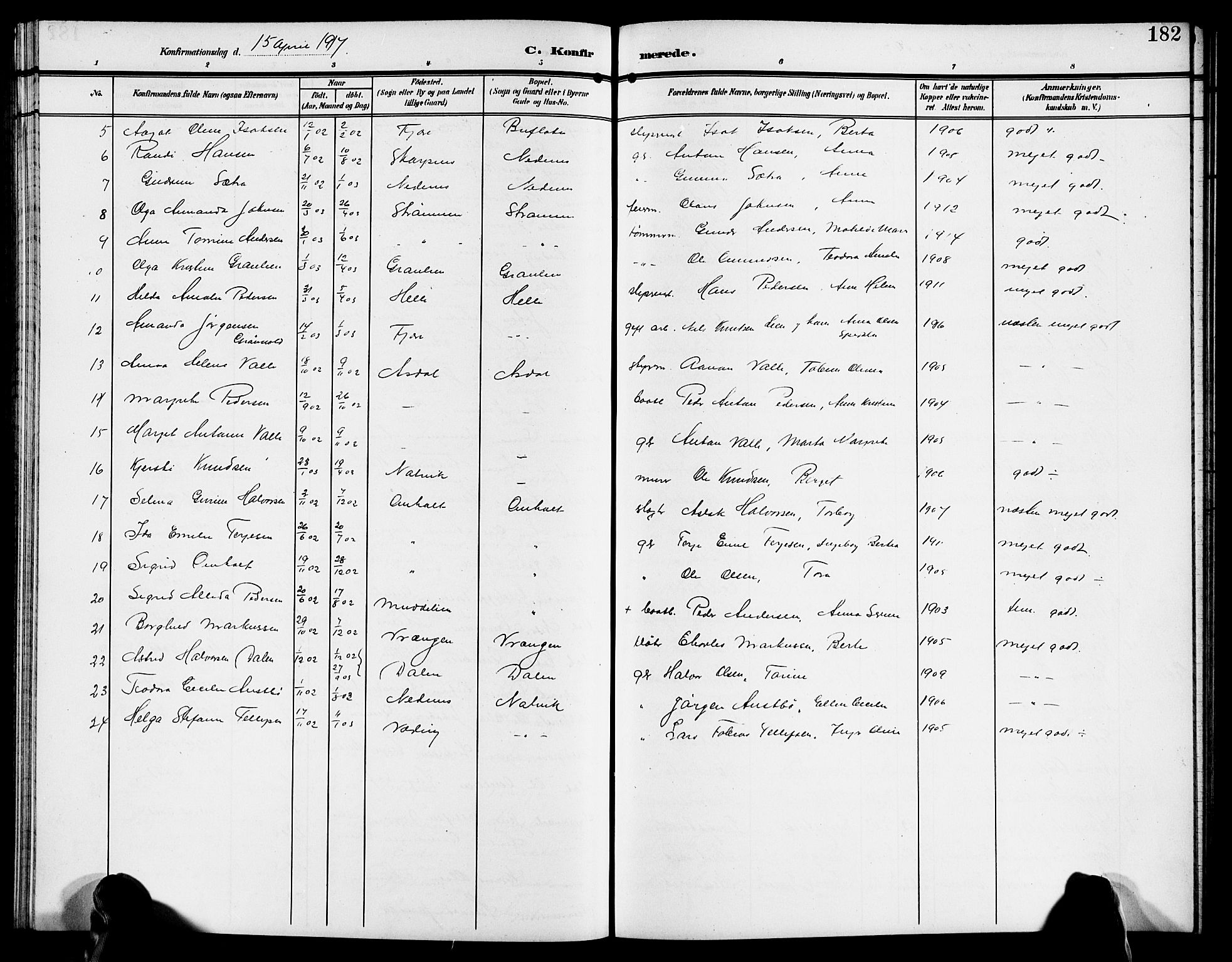 Øyestad sokneprestkontor, AV/SAK-1111-0049/F/Fb/L0011: Parish register (copy) no. B 11, 1906-1918, p. 182
