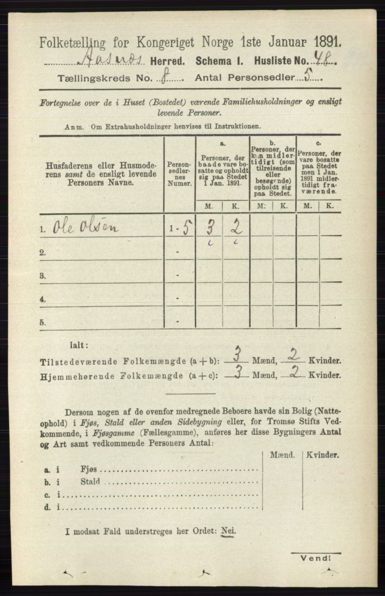 RA, 1891 census for 0425 Åsnes, 1891, p. 4169