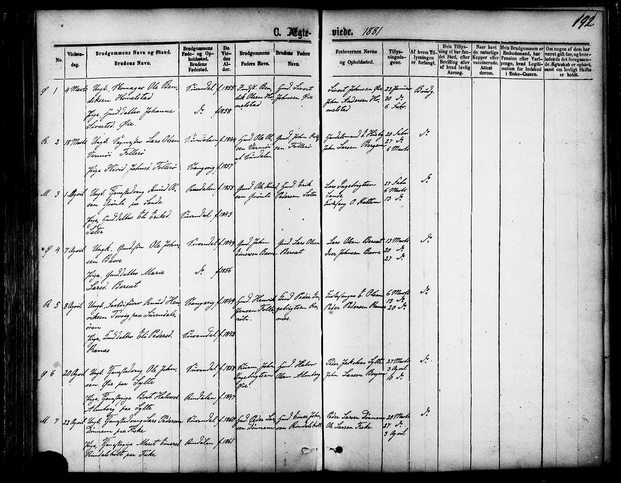 Ministerialprotokoller, klokkerbøker og fødselsregistre - Møre og Romsdal, SAT/A-1454/595/L1046: Parish register (official) no. 595A08, 1874-1884, p. 192