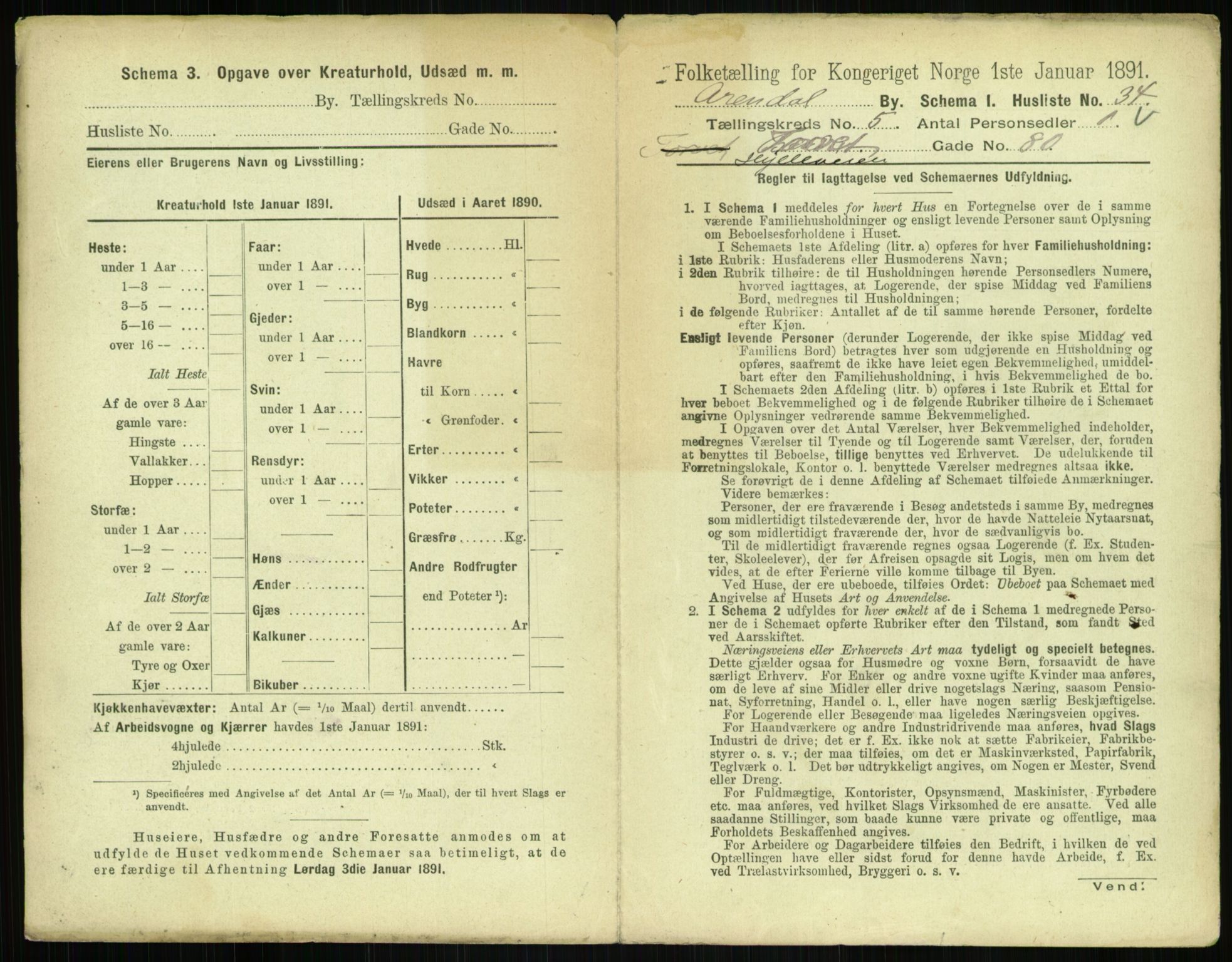 RA, 1891 census for 0903 Arendal, 1891, p. 278