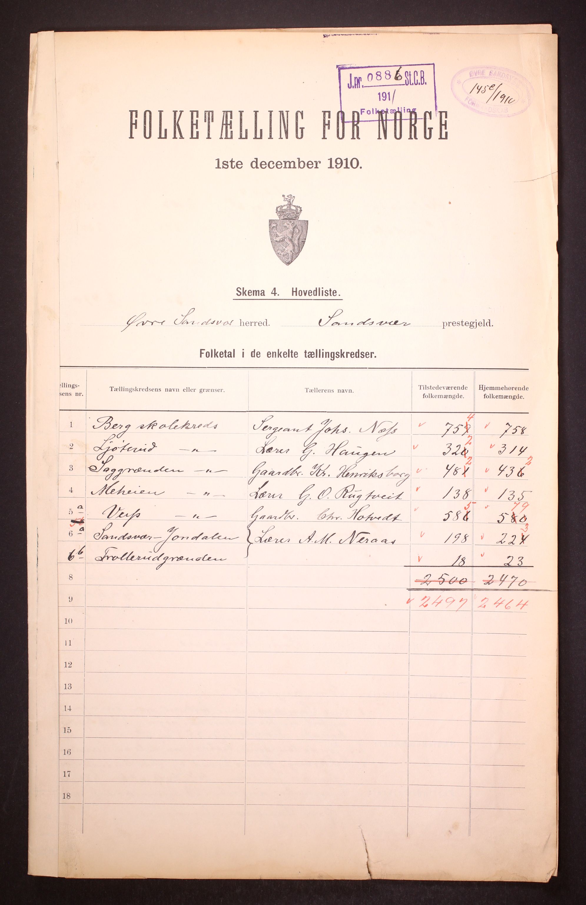 RA, 1910 census for Øvre Sandsvær, 1910, p. 2