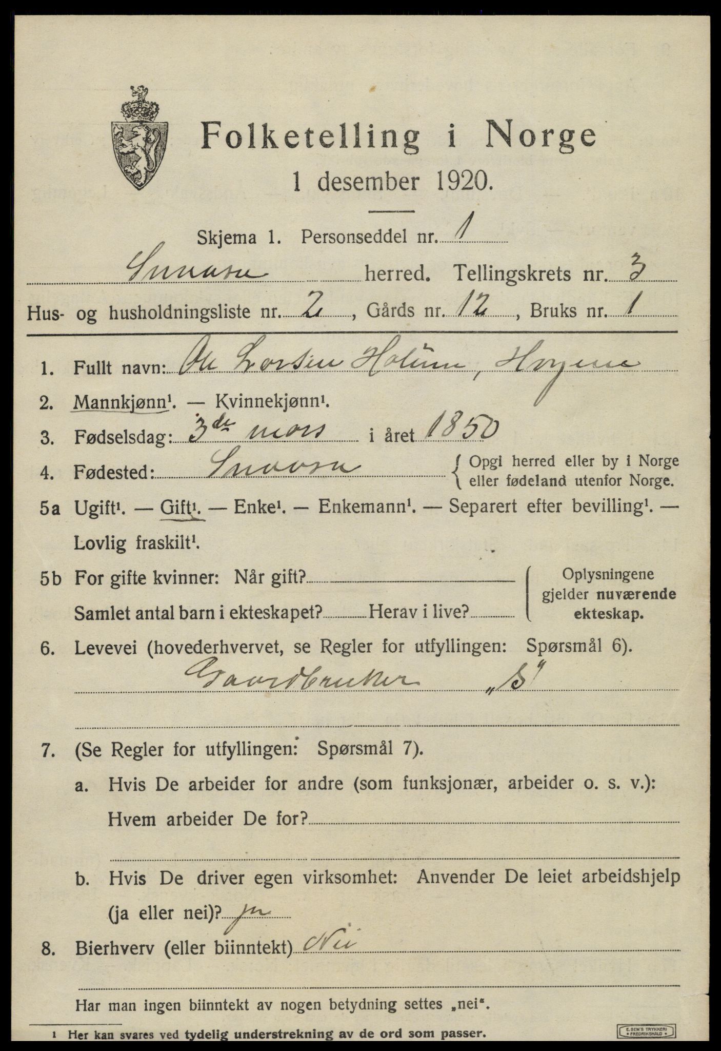 SAT, 1920 census for Snåsa, 1920, p. 1544