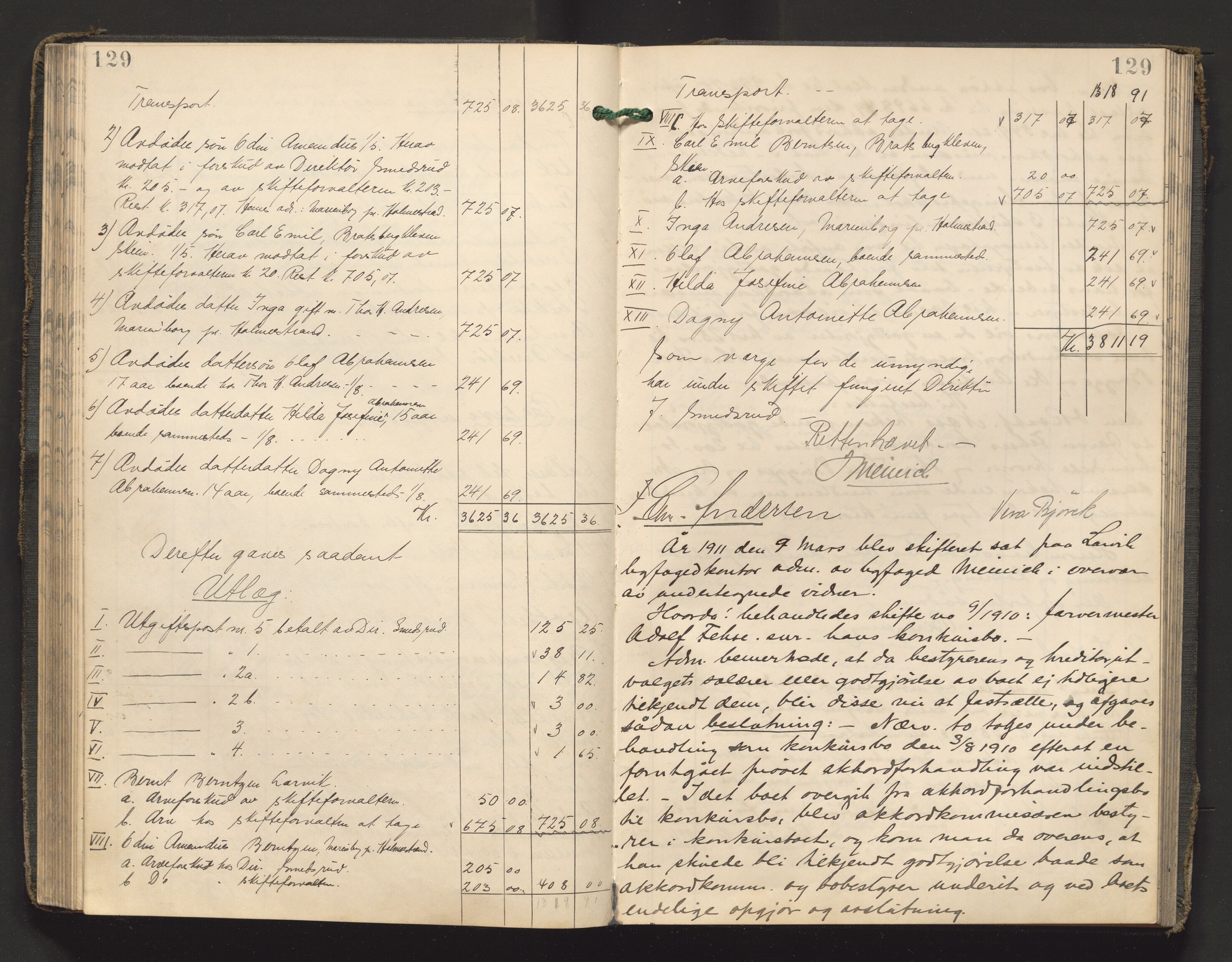 Larvik byfogd, AV/SAKO-A-218/H/Hb/Hbd/L0005: Skifteutlodningsprotokoll, 1906-1915, p. 129