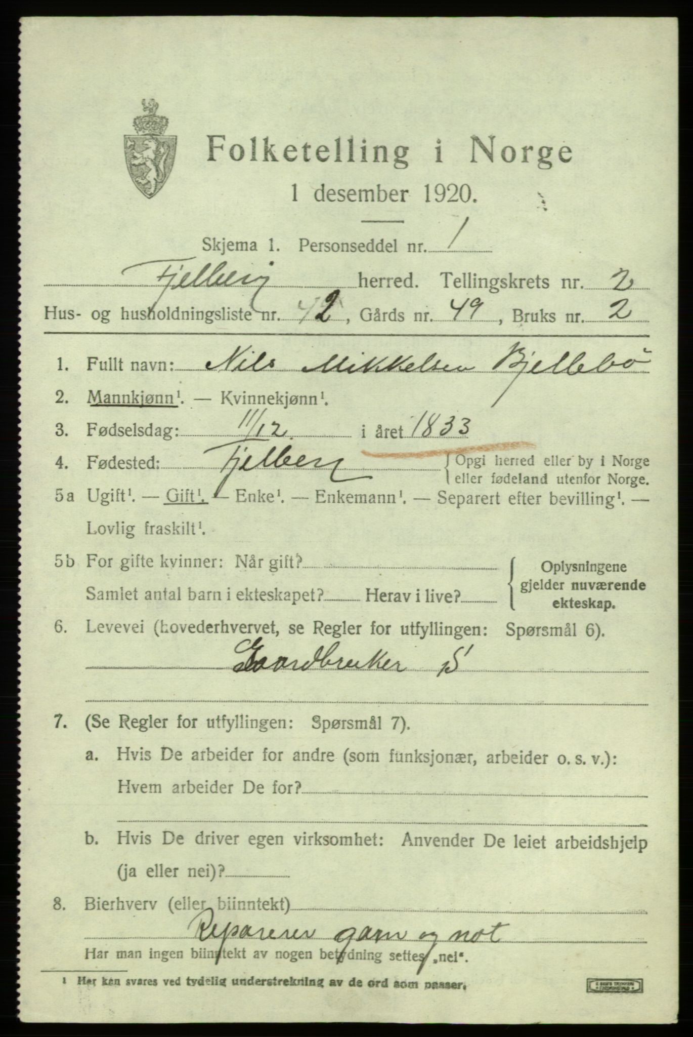 SAB, 1920 census for Fjelberg, 1920, p. 899