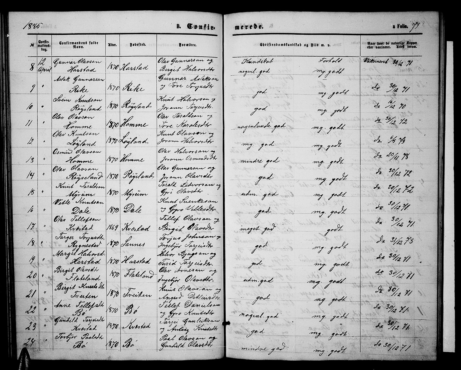 Valle sokneprestkontor, SAK/1111-0044/F/Fb/Fbc/L0003: Parish register (copy) no. B 3, 1871-1890, p. 71