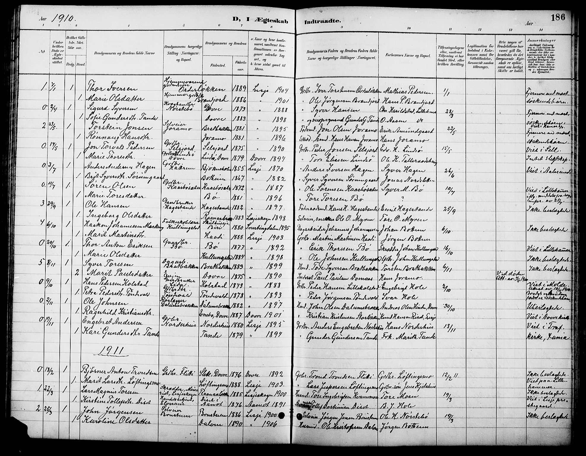 Lesja prestekontor, AV/SAH-PREST-068/H/Ha/Hab/L0007: Parish register (copy) no. 7, 1895-1919, p. 186