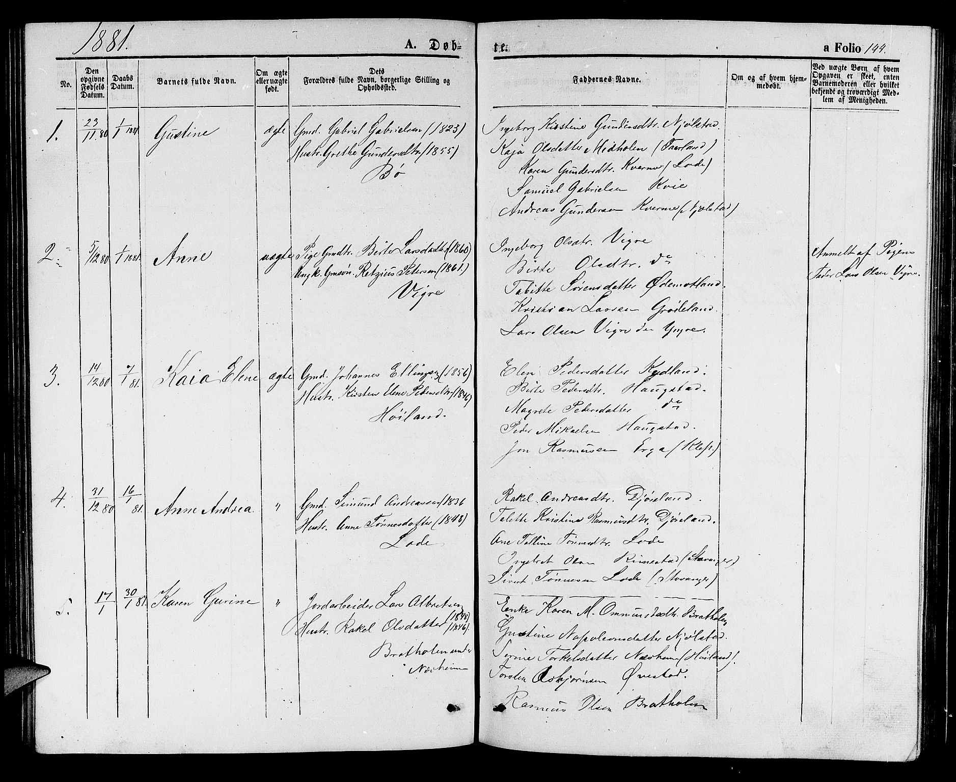 Hå sokneprestkontor, AV/SAST-A-101801/001/30BB/L0001: Parish register (copy) no. B 1, 1854-1883, p. 144