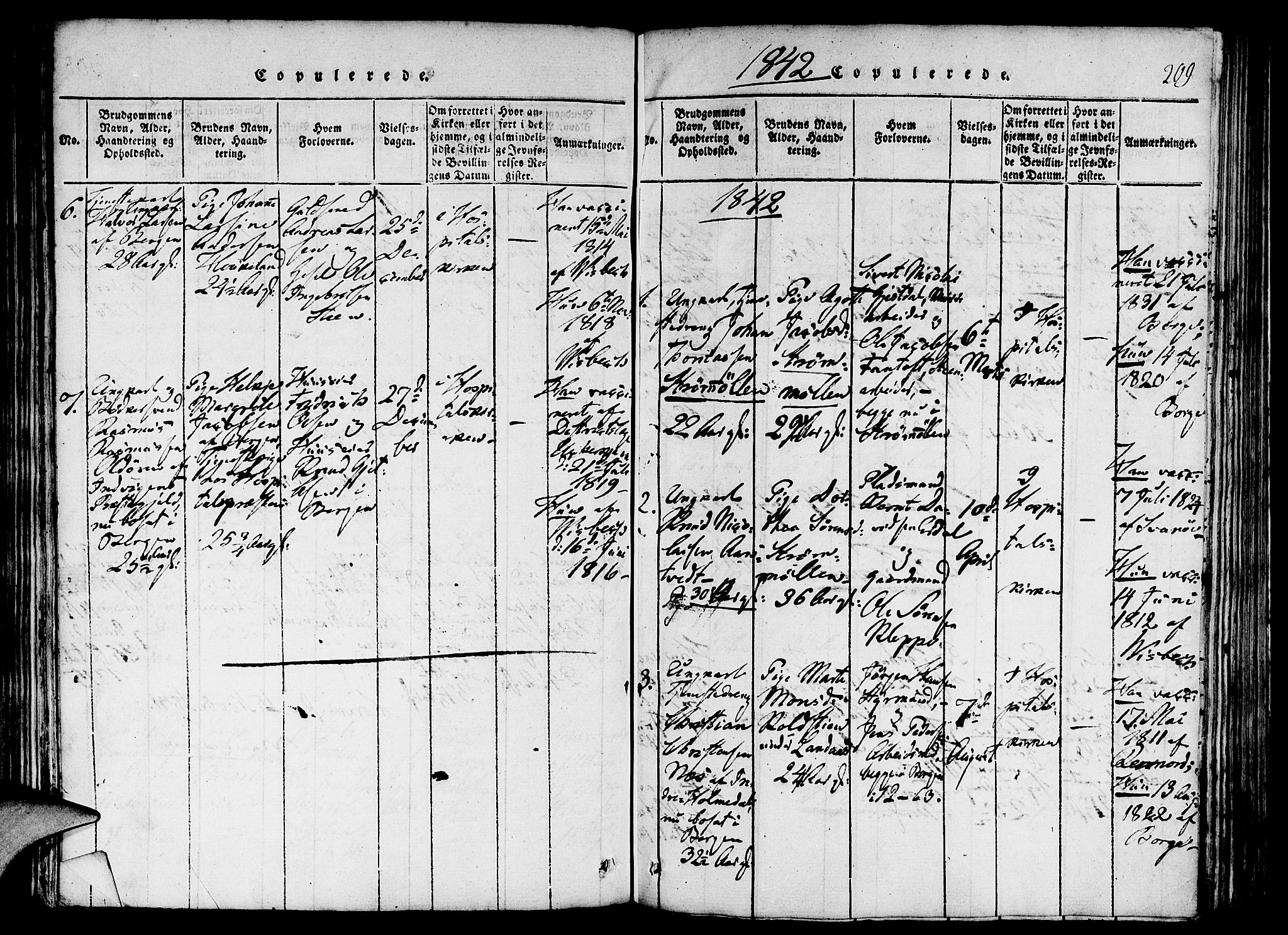 St. Jørgens hospital og Årstad sokneprestembete, SAB/A-99934: Parish register (official) no. A 3, 1815-1843, p. 209