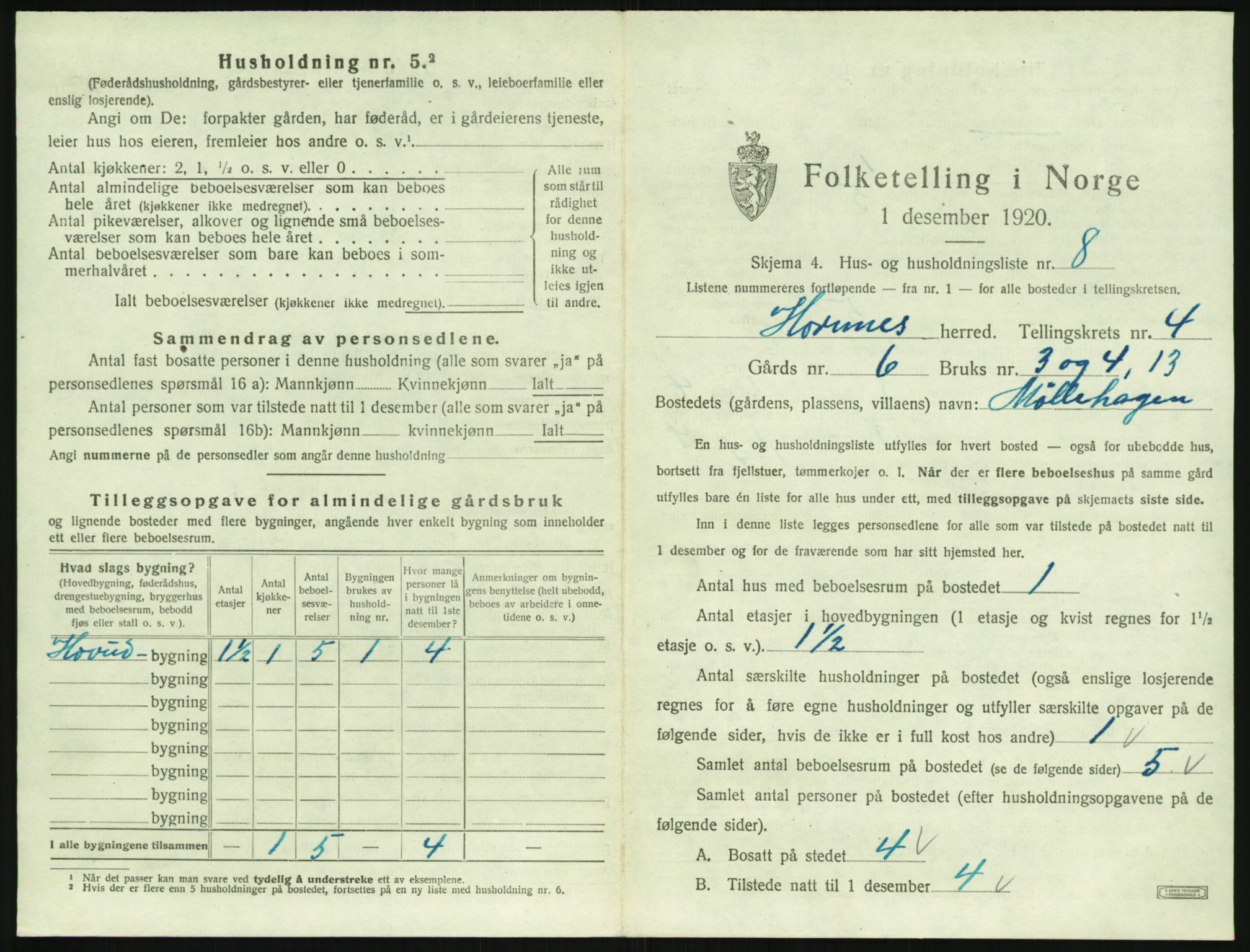 SAK, 1920 census for Hornnes, 1920, p. 187