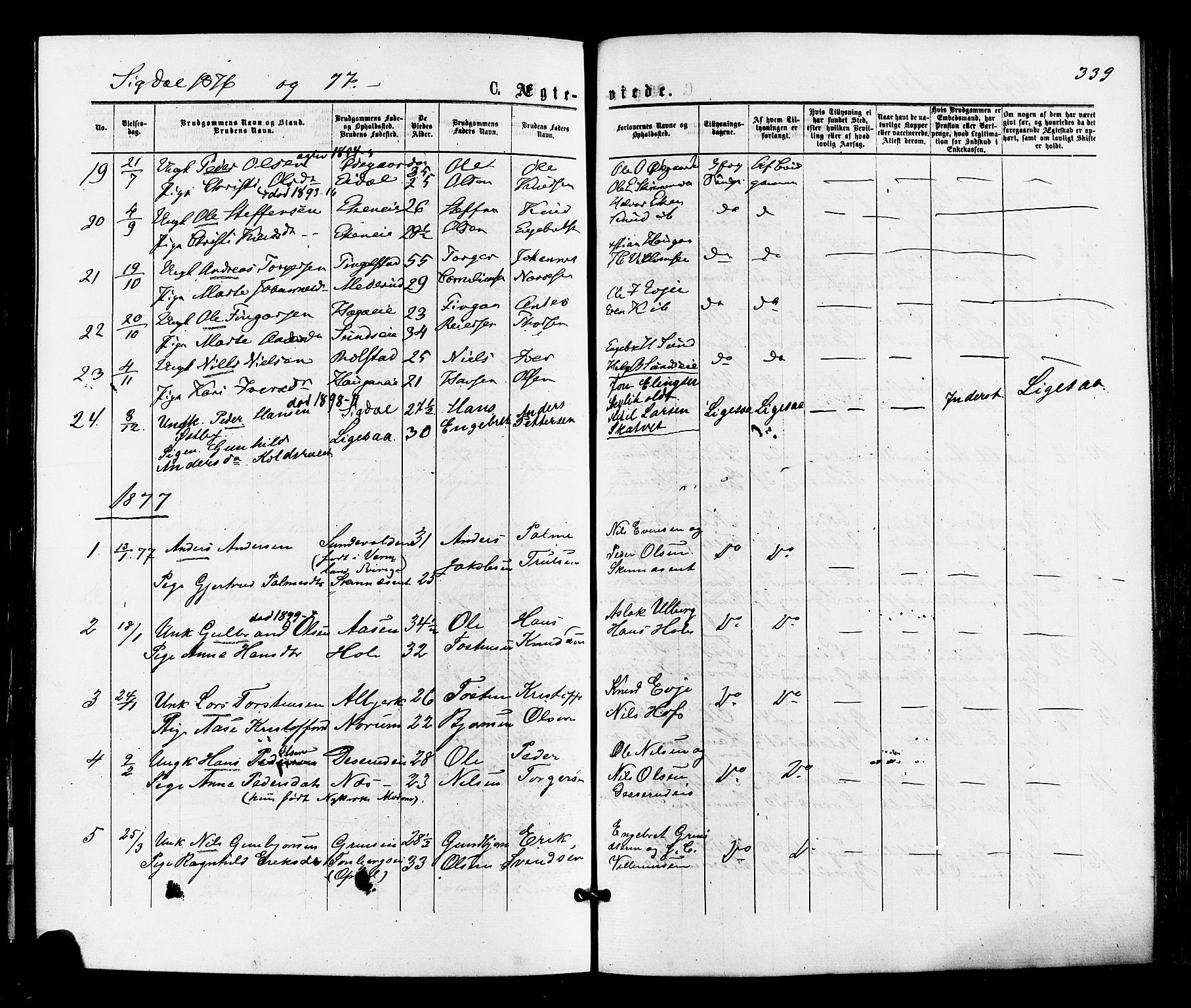 Sigdal kirkebøker, SAKO/A-245/F/Fa/L0010: Parish register (official) no. I 10 /1, 1872-1878, p. 339