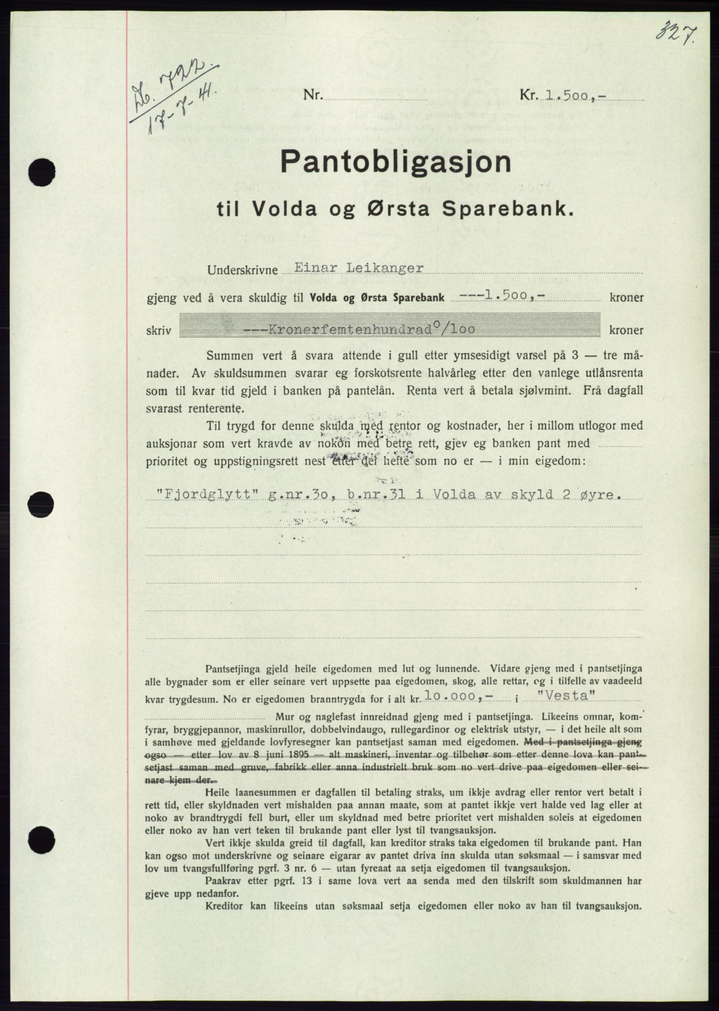 Søre Sunnmøre sorenskriveri, AV/SAT-A-4122/1/2/2C/L0071: Mortgage book no. 65, 1941-1941, Diary no: : 722/1941