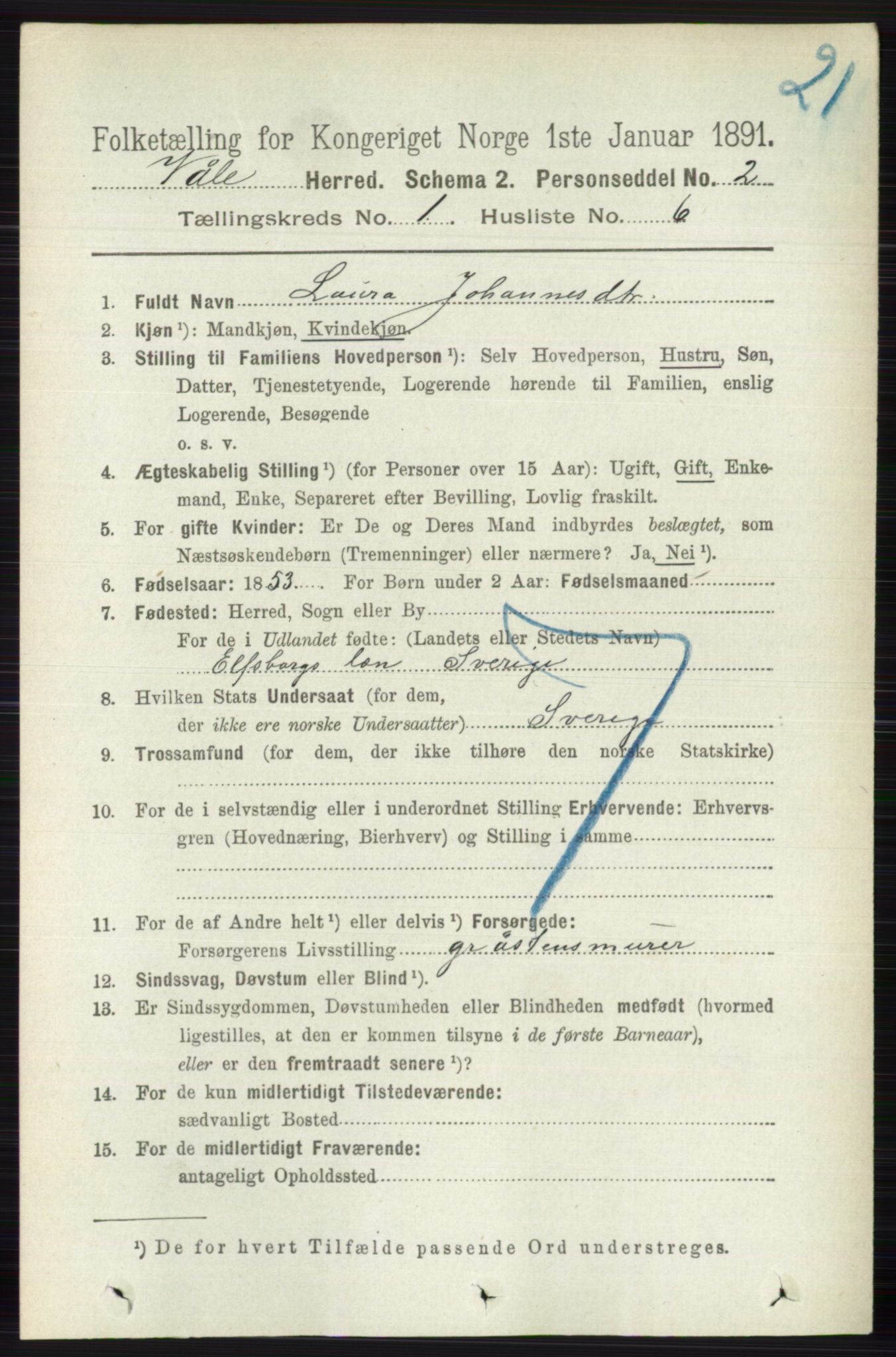 RA, 1891 census for 0716 Våle, 1891, p. 107