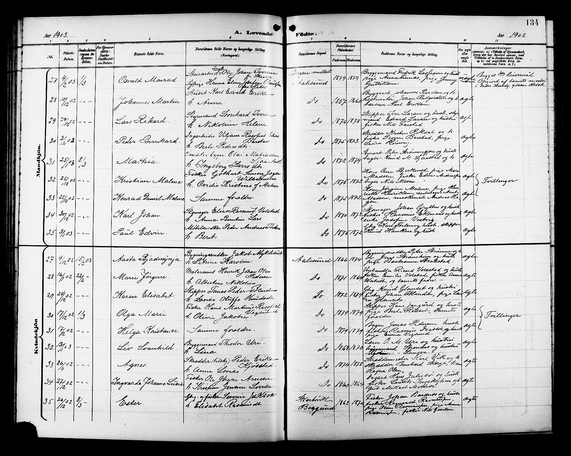 Ministerialprotokoller, klokkerbøker og fødselsregistre - Møre og Romsdal, SAT/A-1454/529/L0468: Parish register (copy) no. 529C05, 1897-1908, p. 134
